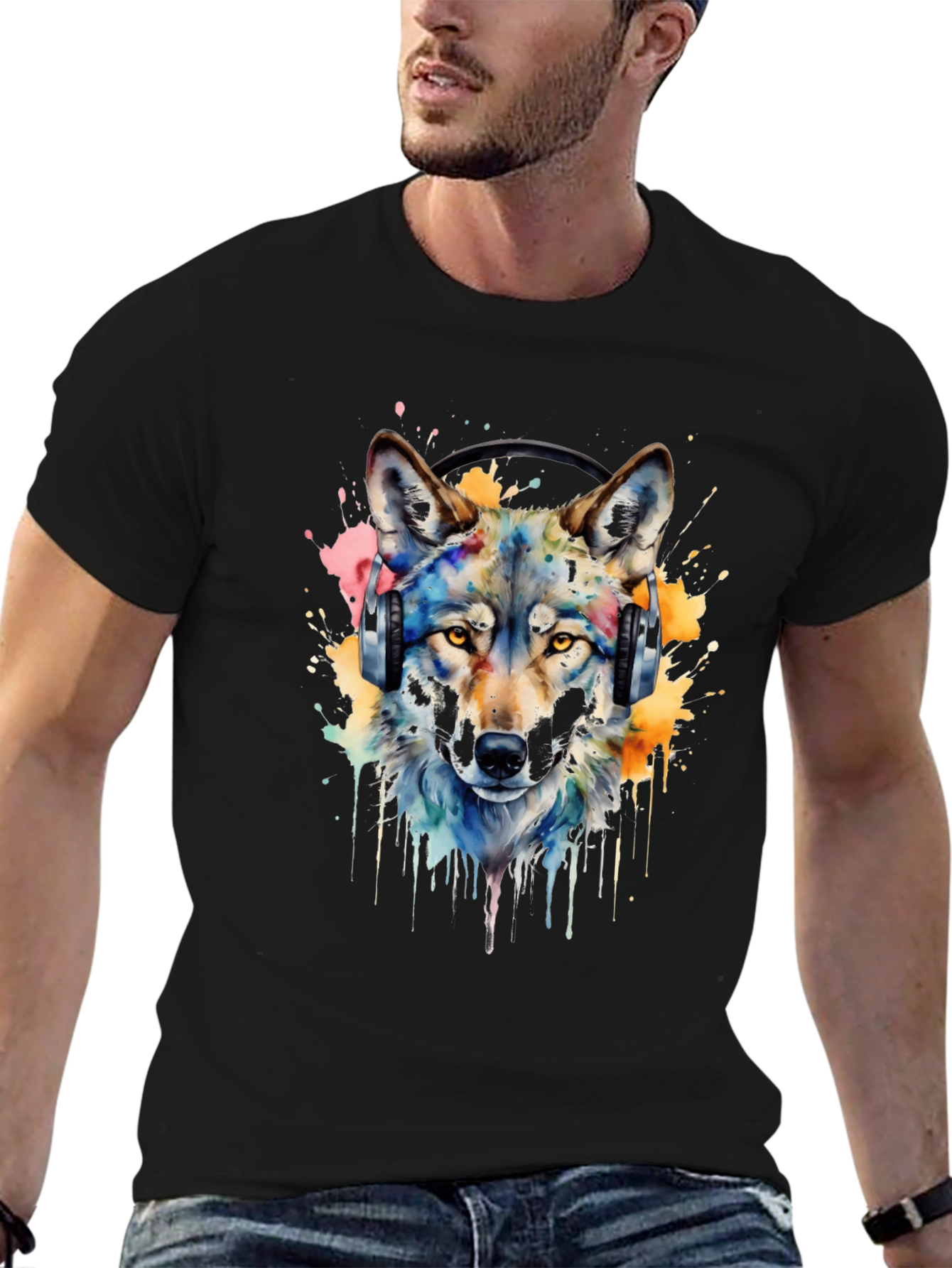 Black Wolf Headphone Graphic Tee view 6