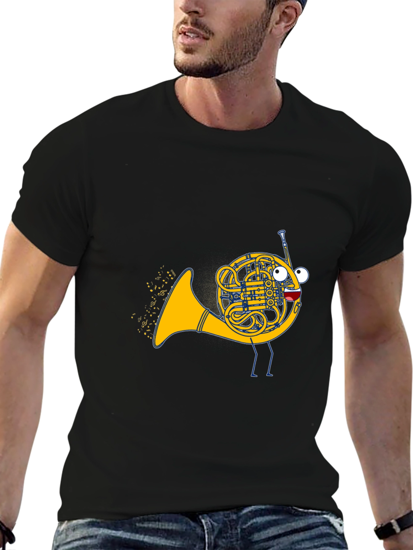 Black Musical French Horn Cartoon T-Shirt view 6