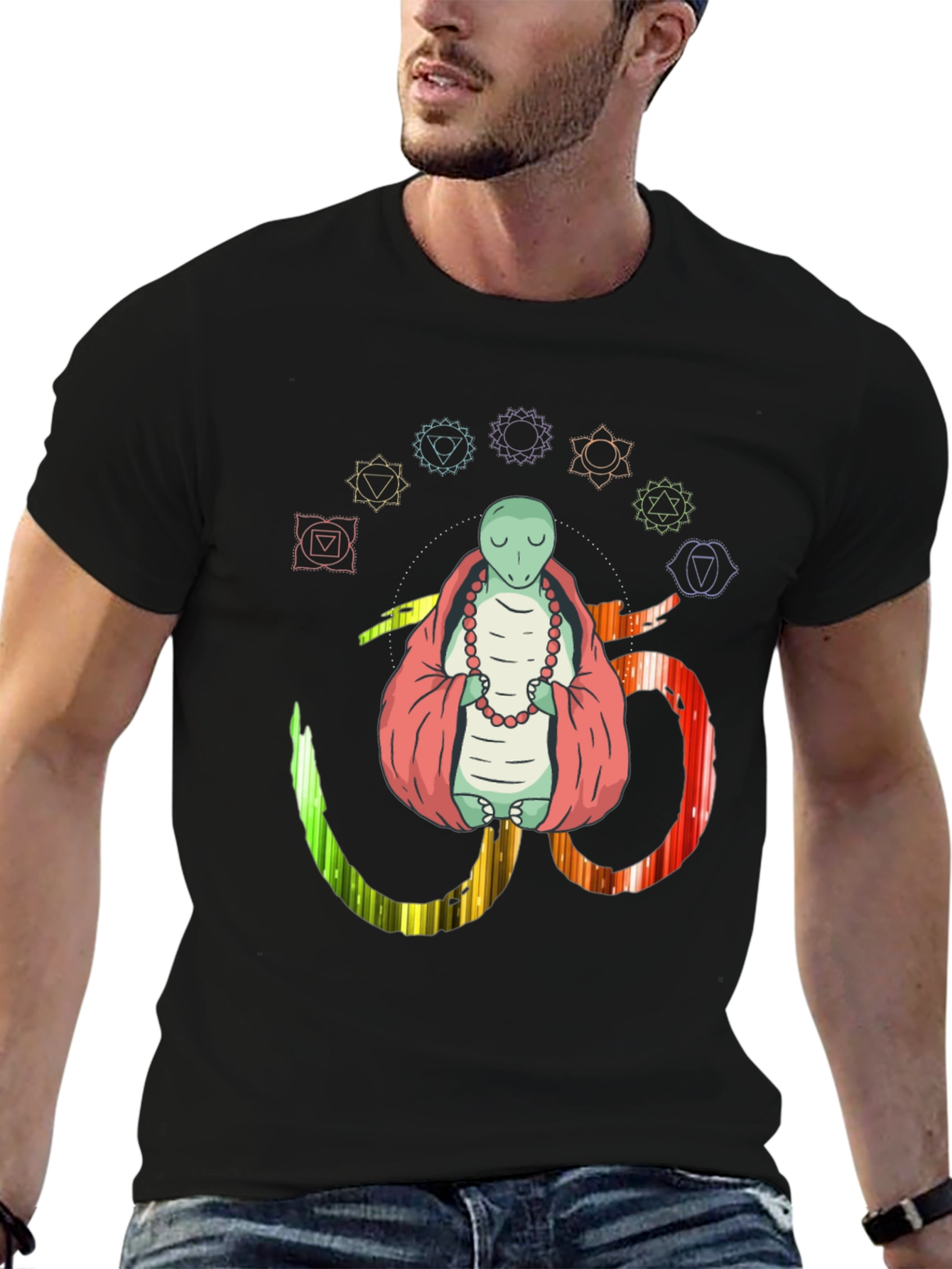 Black Meditating Lizard Om Yoga Chakra T-Shirt view 6