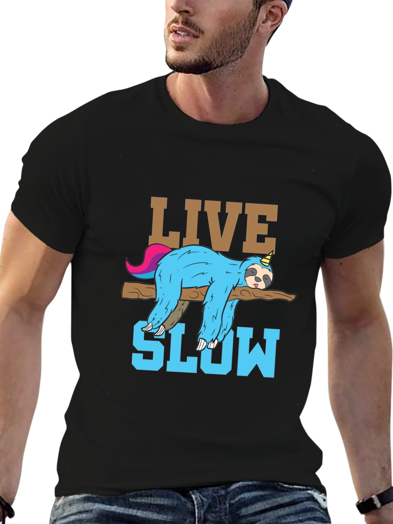 Black Live Slow Sloth T-Shirt - Relaxed Unisex Tee view 6