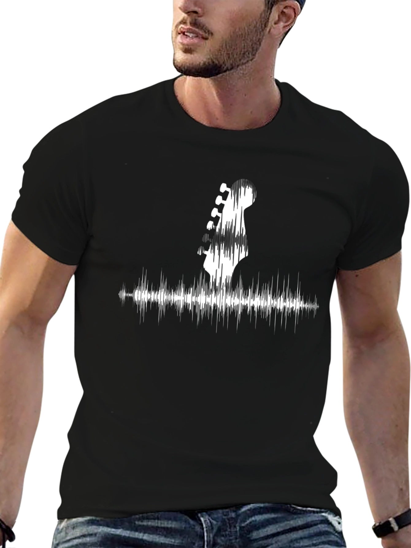 Black Guitar Headstock & Soundwave Graphic Tee - Music Lover's Shirt view 6