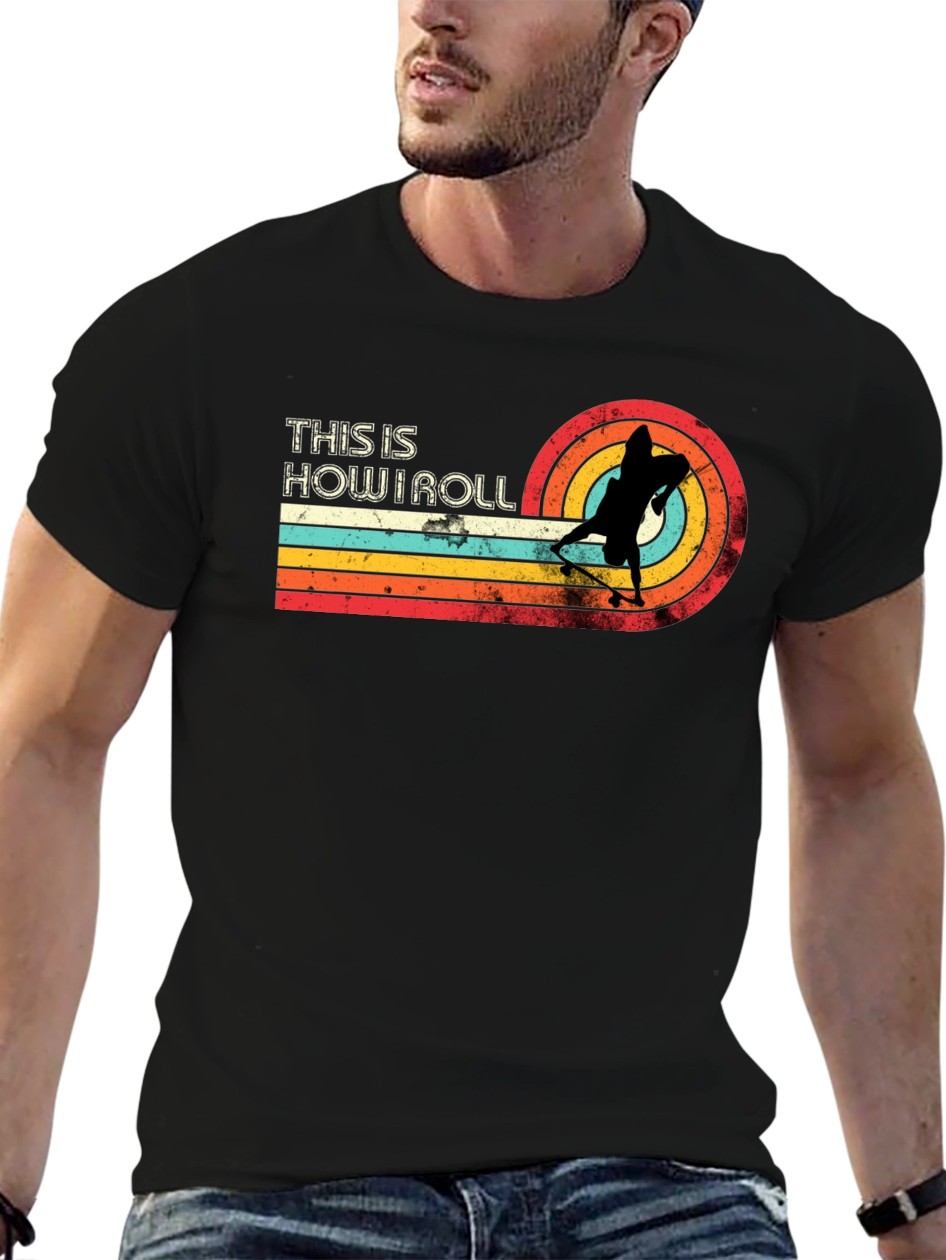 Black This Is How I Roll Skateboard Retro Graphic T-Shirt view 6