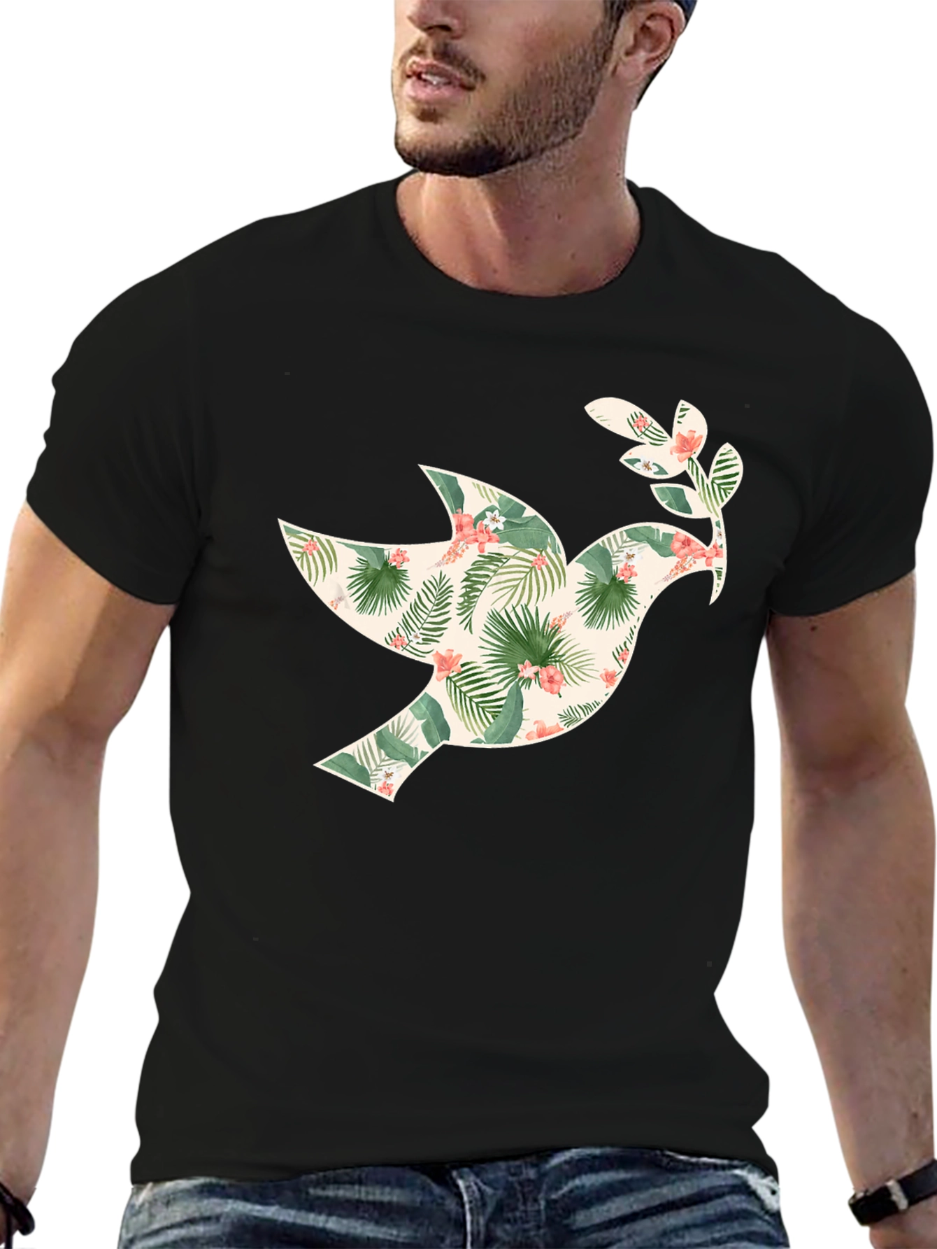 Black Tropical Dove Graphic Tee - Men's Black T-Shirt view 6