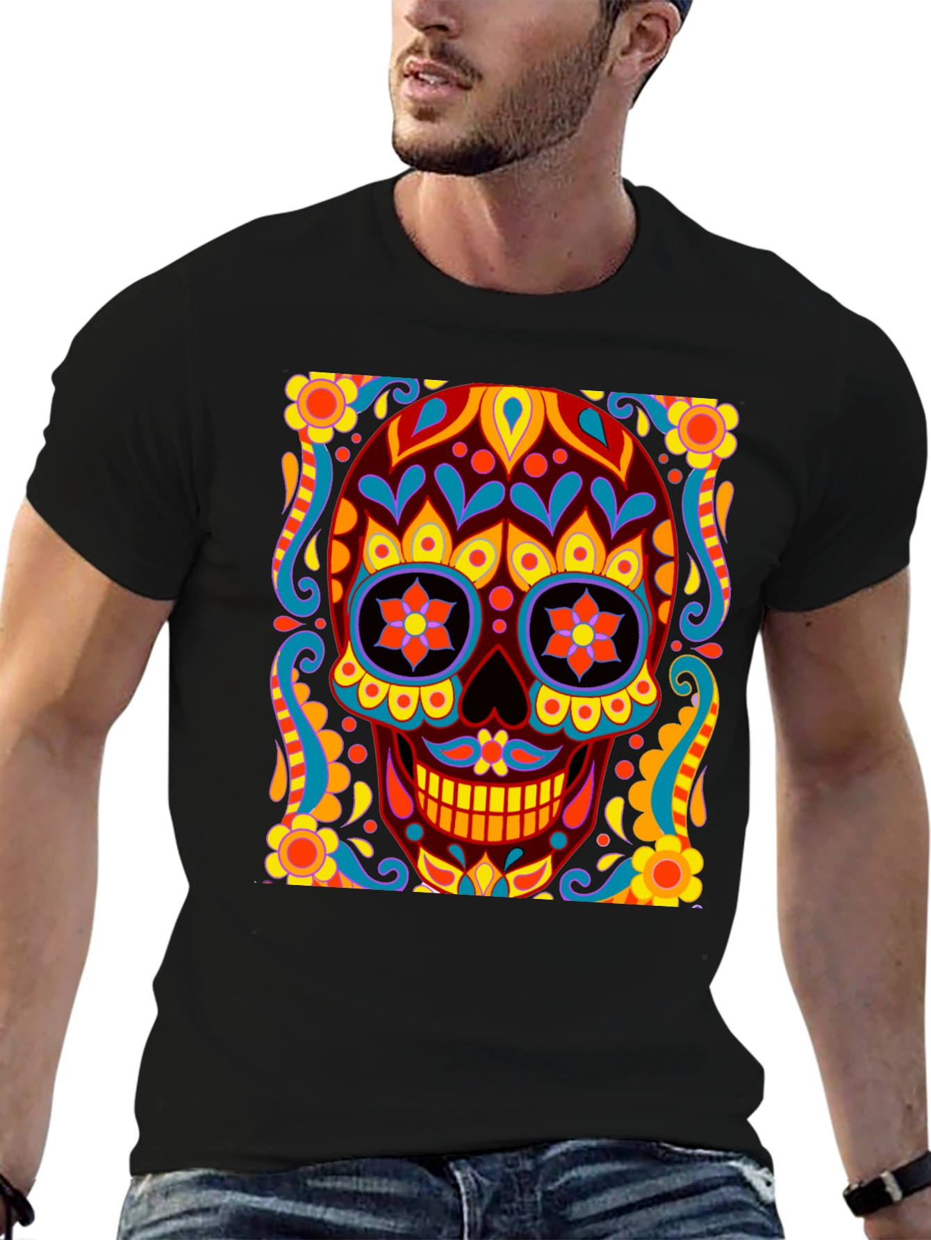 Black Day of the Dead Skull Graphic Black T-Shirt view 6