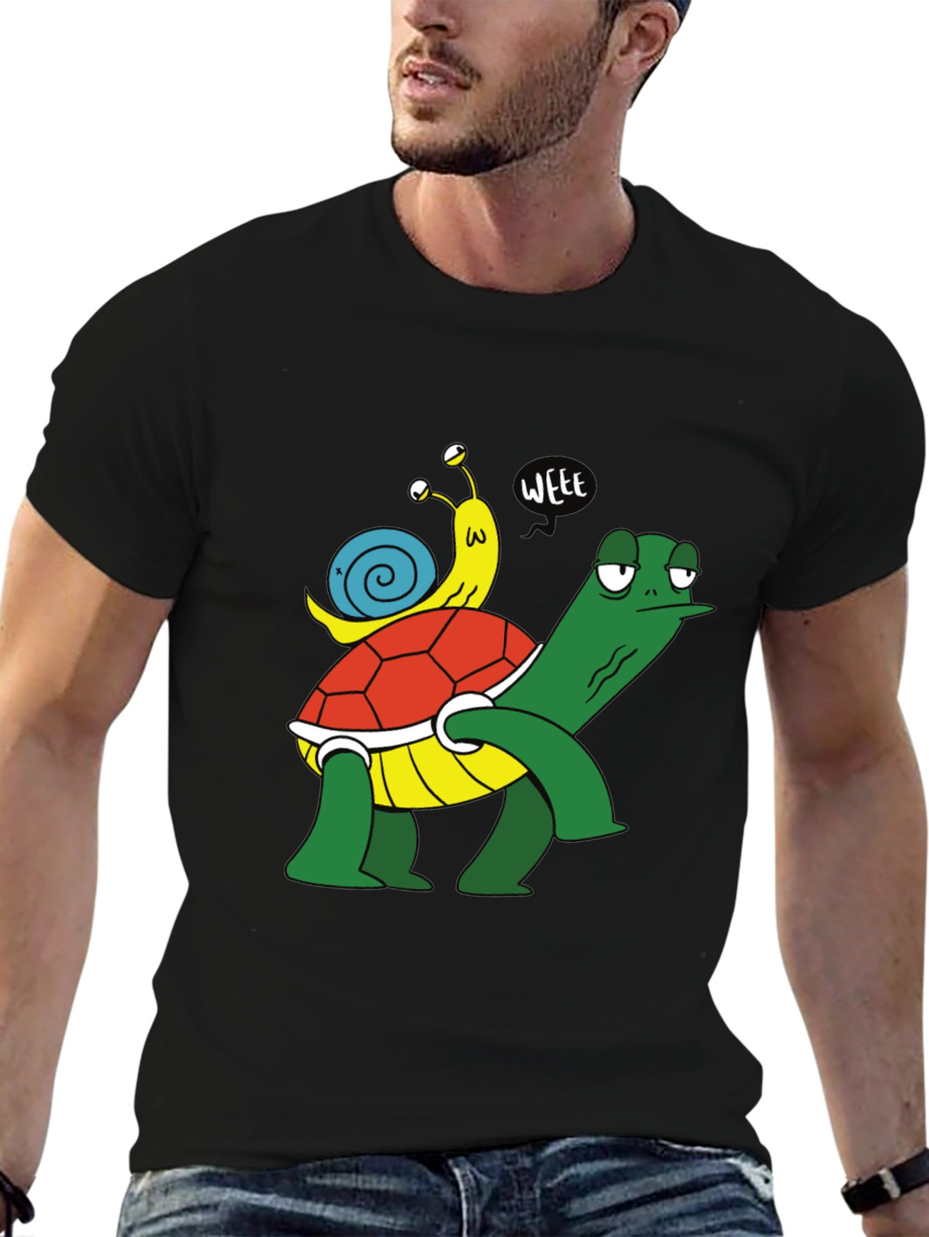 Black Funny Turtle and Snail Cartoon Black T-Shirt view 6