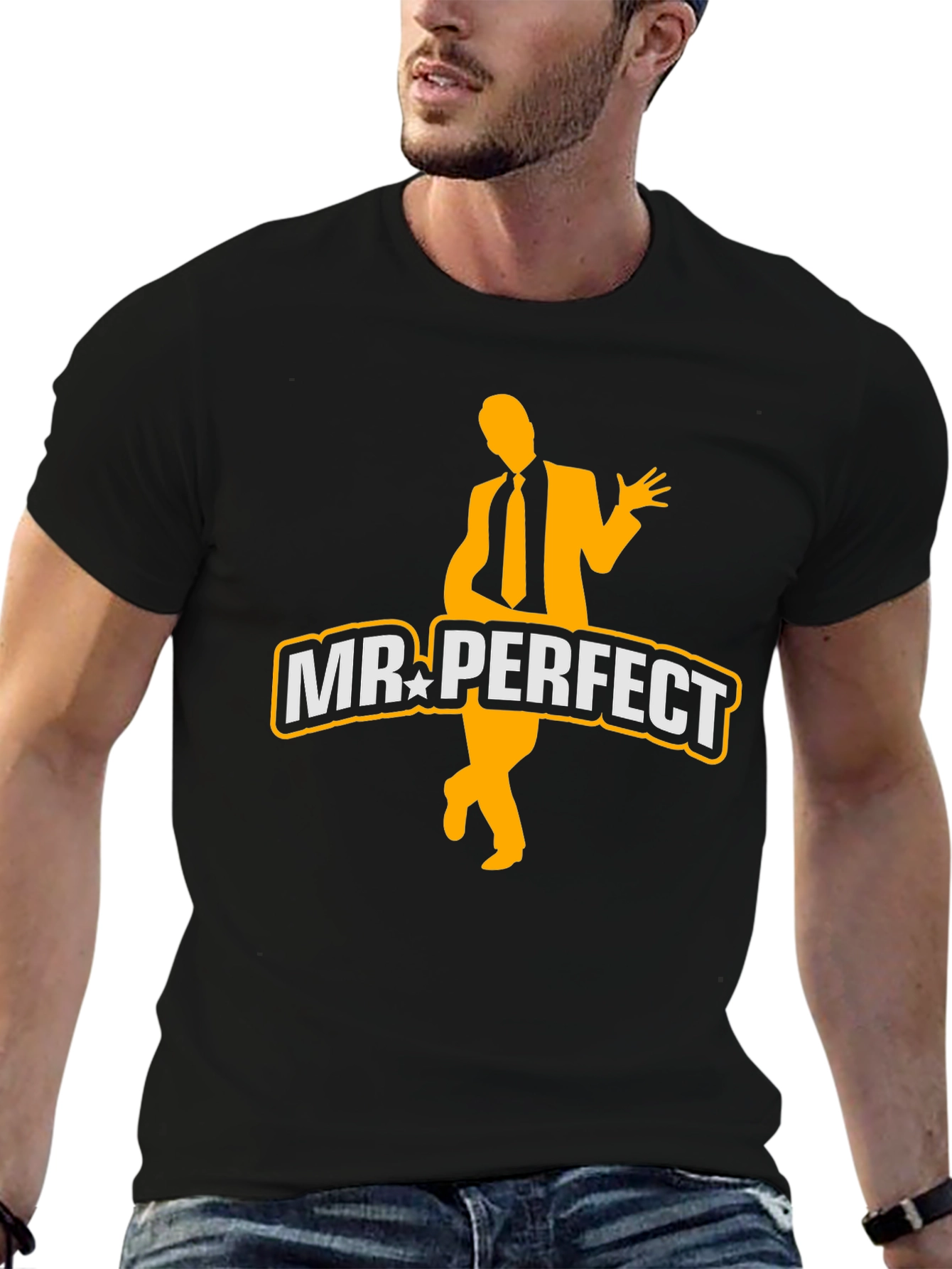 Black Mr. Perfect Graphic Tee - Black Cotton Blend T-Shirt view 6