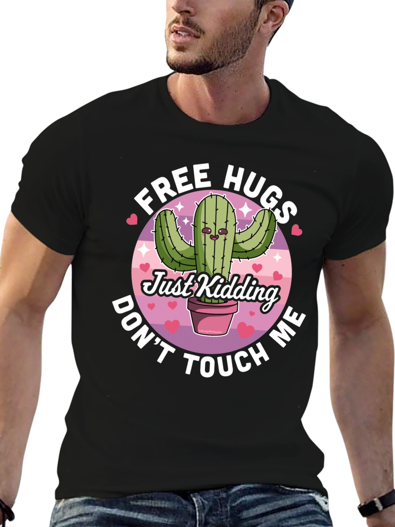 Black Funny Cactus Free Hugs T-Shirt - Don't Touch Me view 6