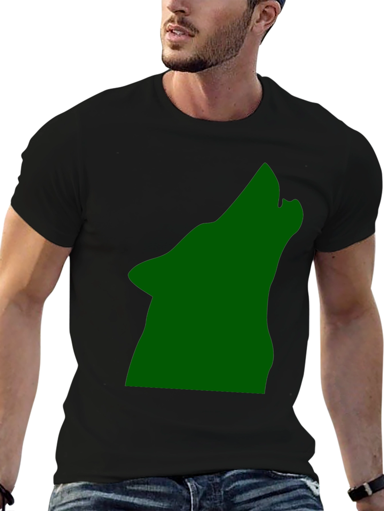 Black Black T-Shirt with Green Howling Wolf Design view 6