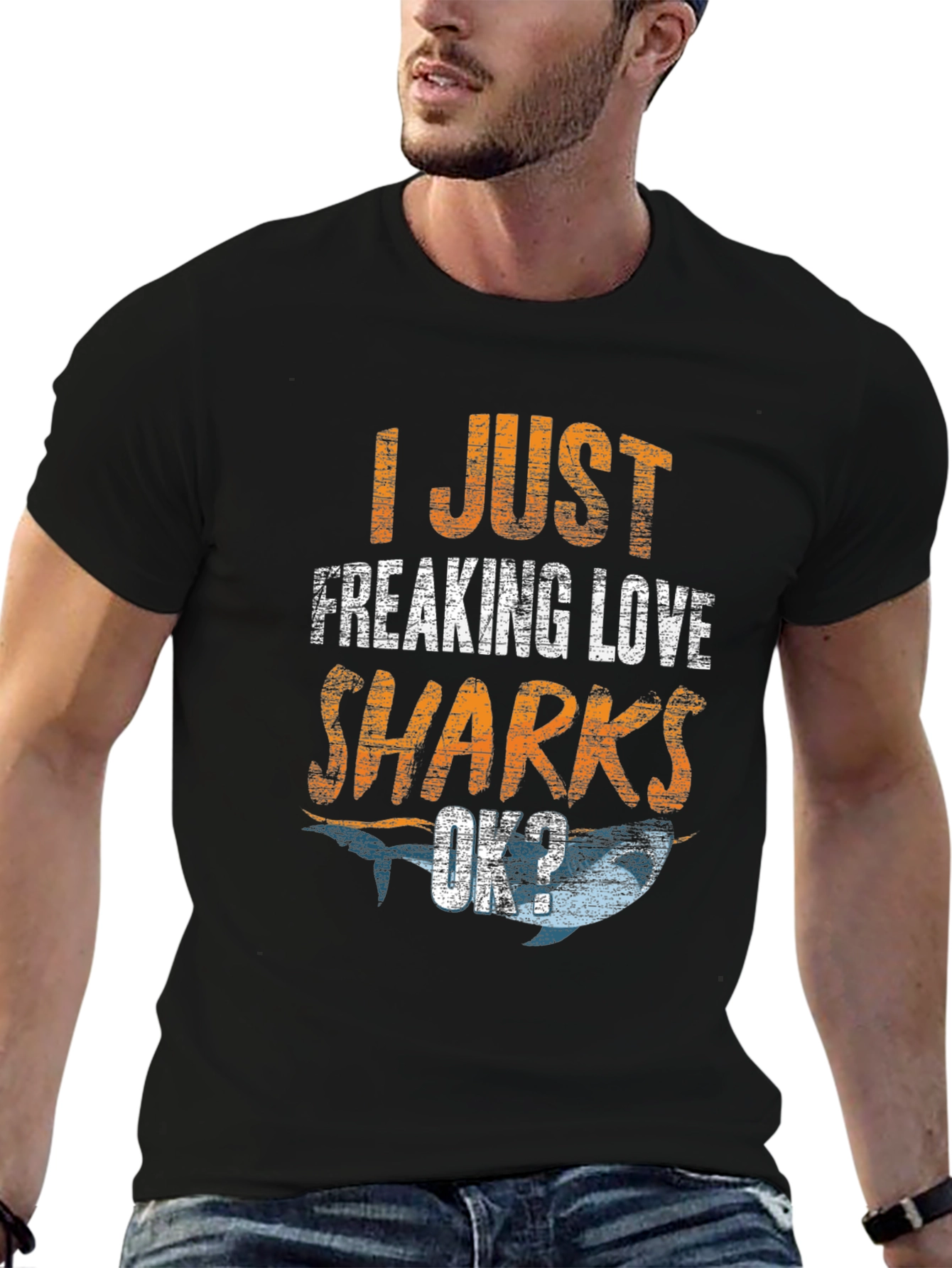 Black I Just Freaking Love Sharks Men's Black T-Shirt view 6