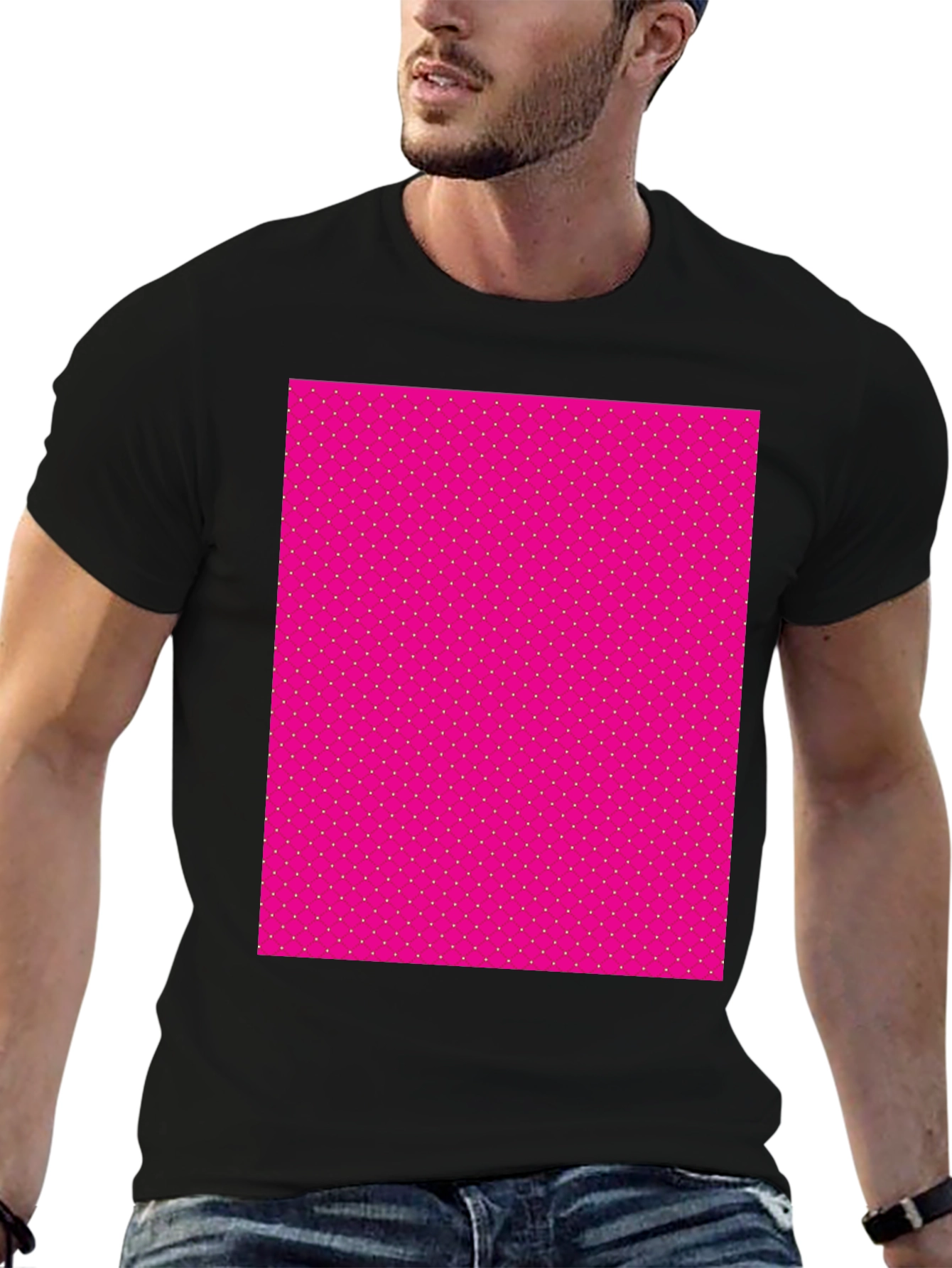 Black Men's Black T-Shirt with Pink Polka Dot Pattern view 6
