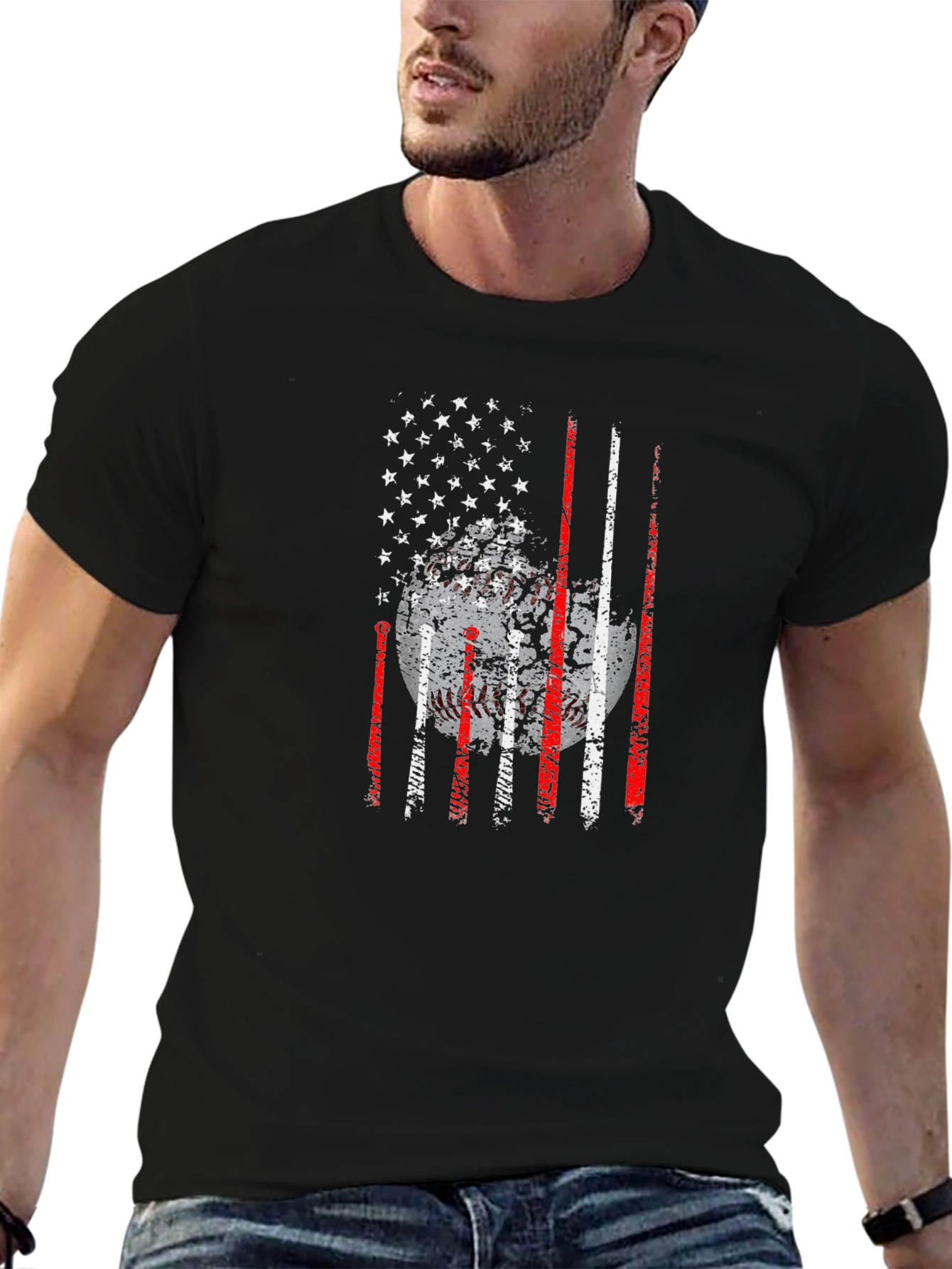Black Baseball USA Flag Graphic T-Shirt view 6