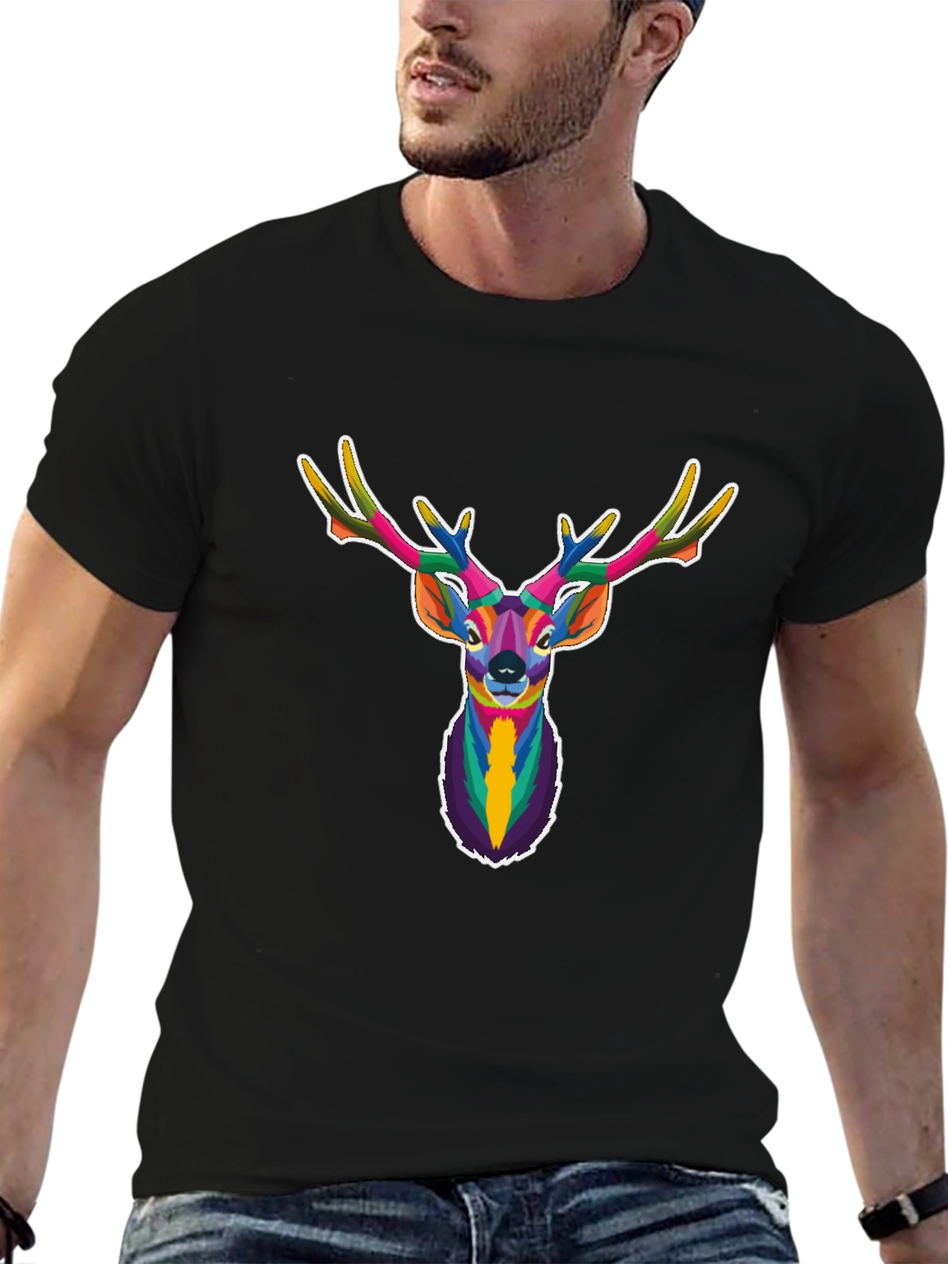 Black Geometric Deer Head Graphic Tee - Black view 6