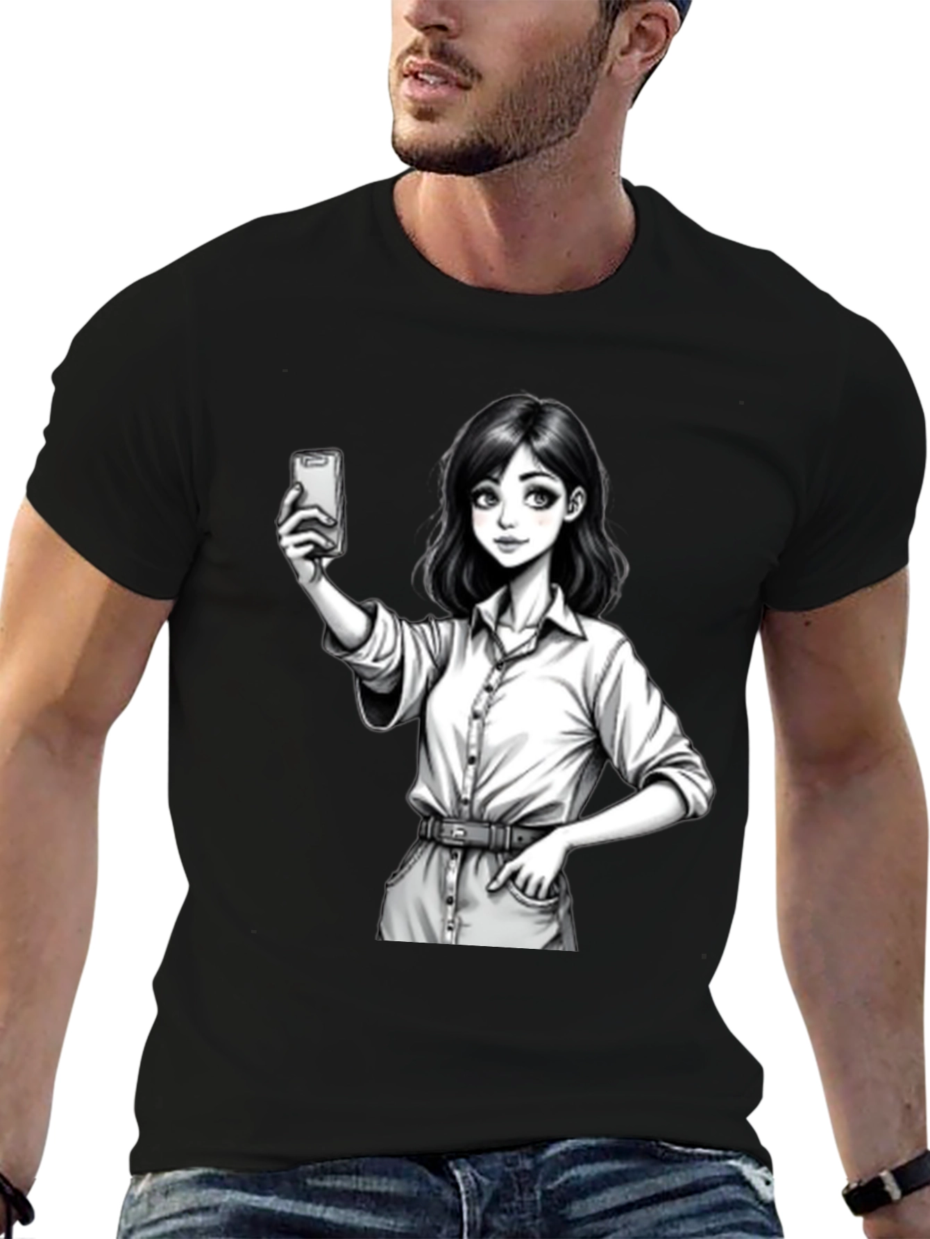 Black Anime Girl Selfie Black T-Shirt view 6