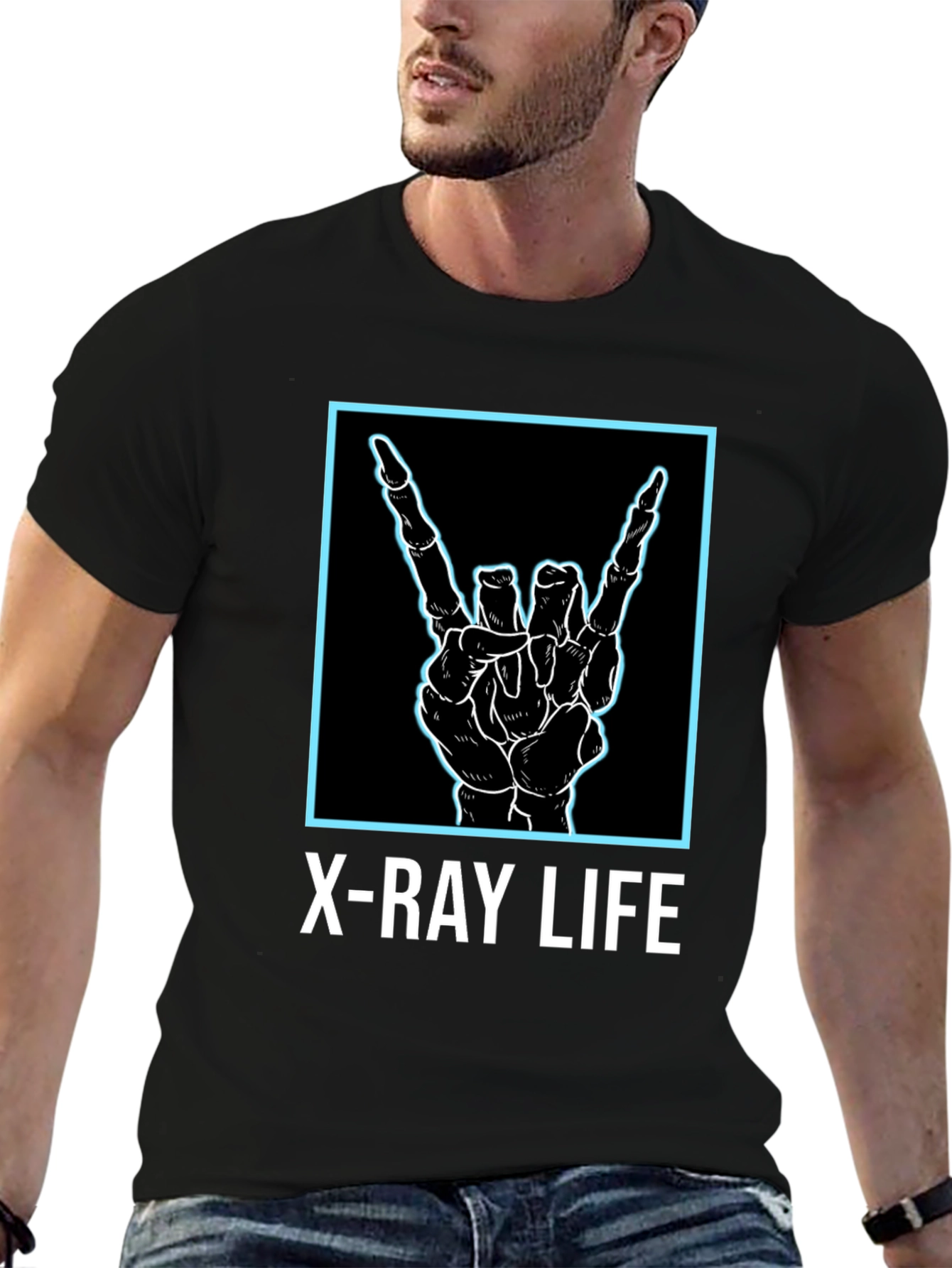 Black X-Ray Life Skeleton Hand Rock On T-Shirt view 6