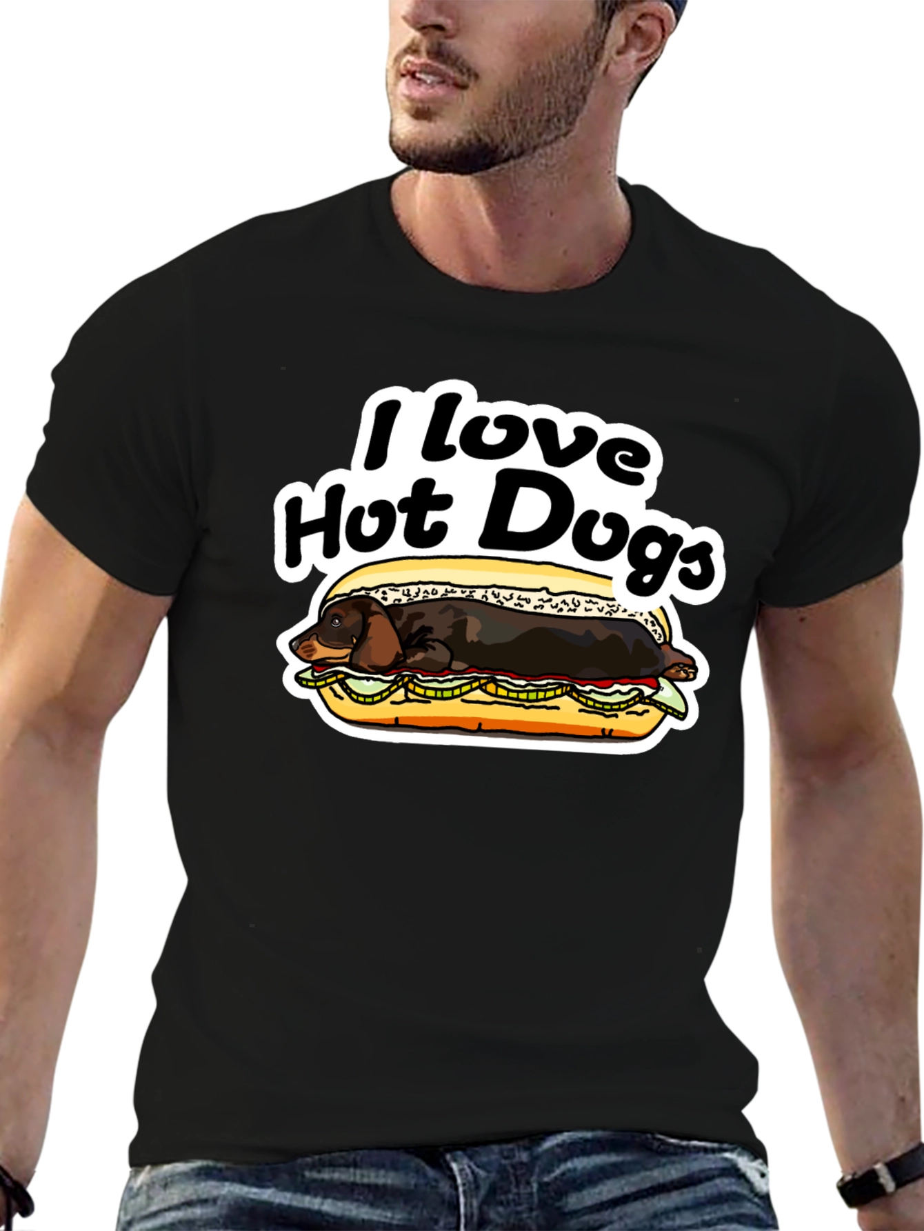Black I Love Hot Dogs T-Shirt Dachshund Humor Tee view 6