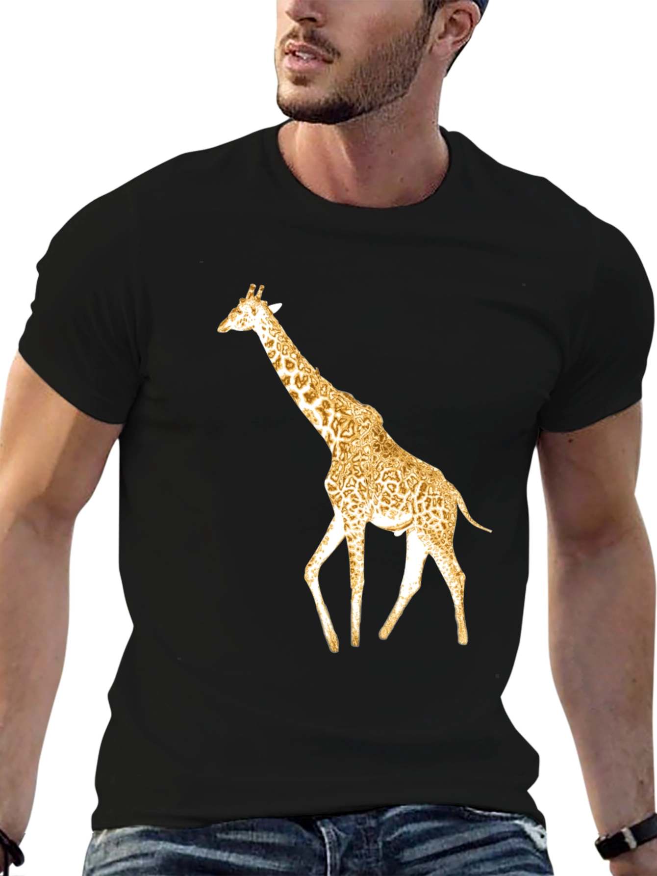 Black Stylish Giraffe Print Black T-Shirt view 6