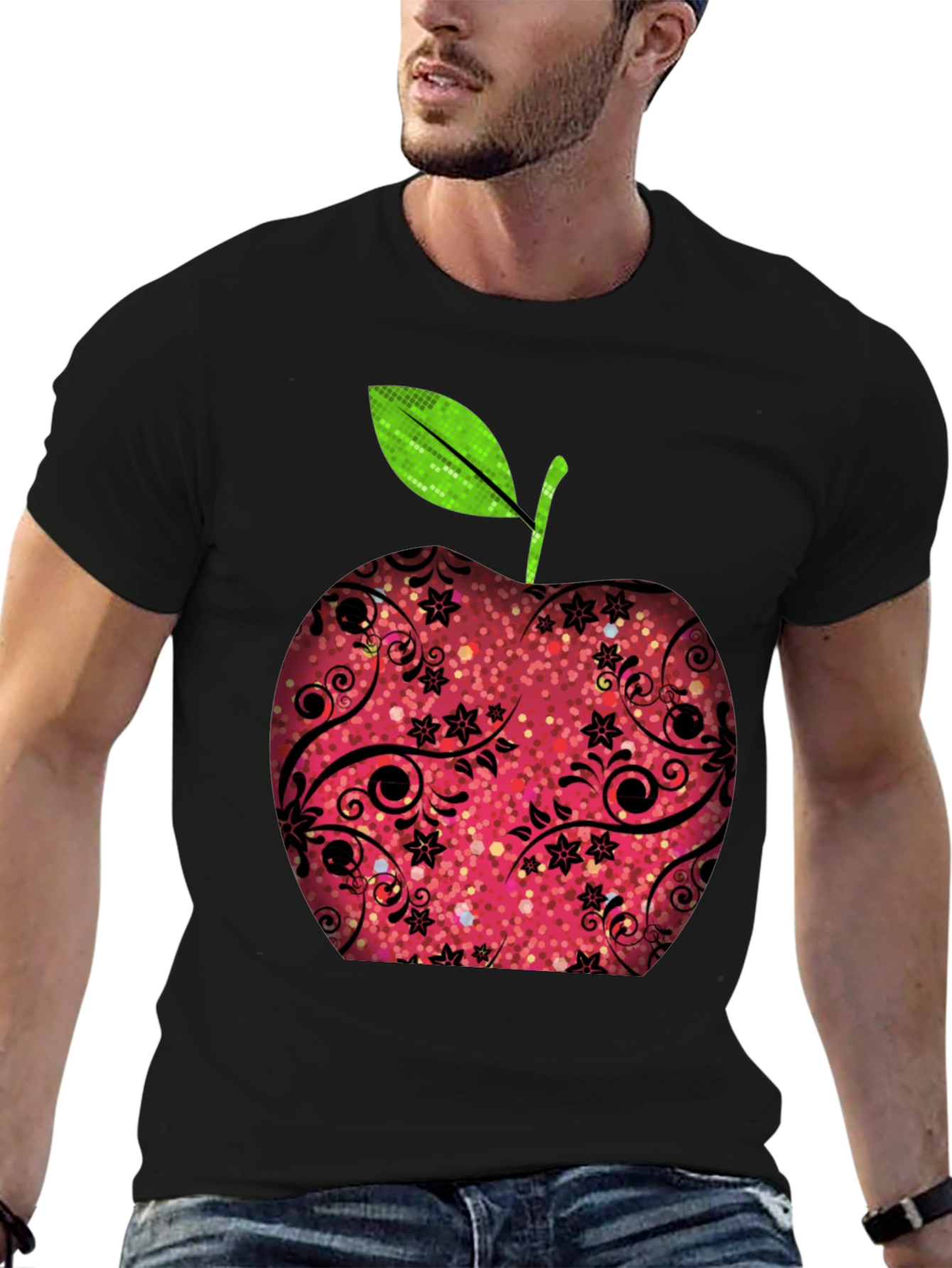 Black Apple Graphic Print Black T-Shirt view 6