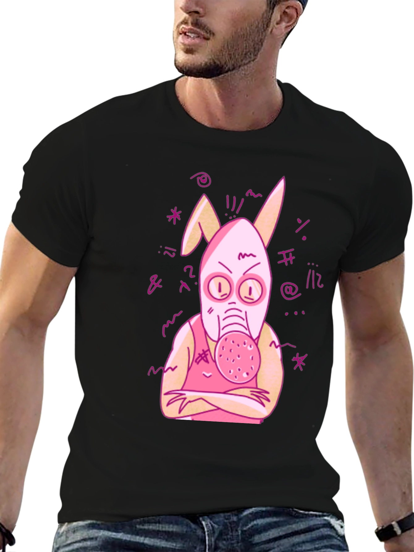 Black Unique Graphic Tee - Pink Bunny Gas Mask Design view 6