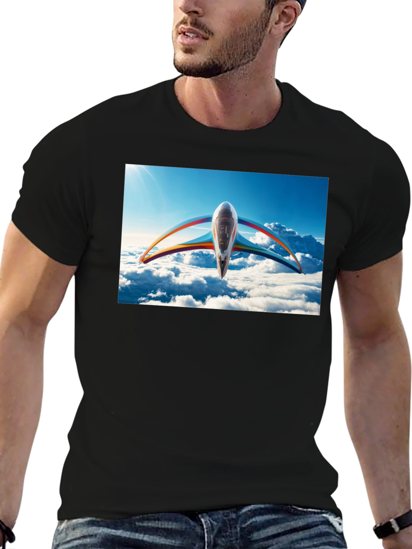 Black Futuristic Plane Graphic T-Shirt view 6