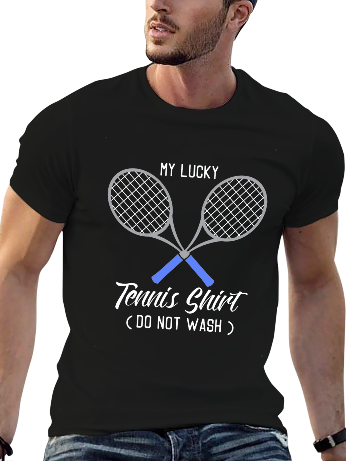 Black My Lucky Tennis Shirt - Novelty Graphic Tee view 6