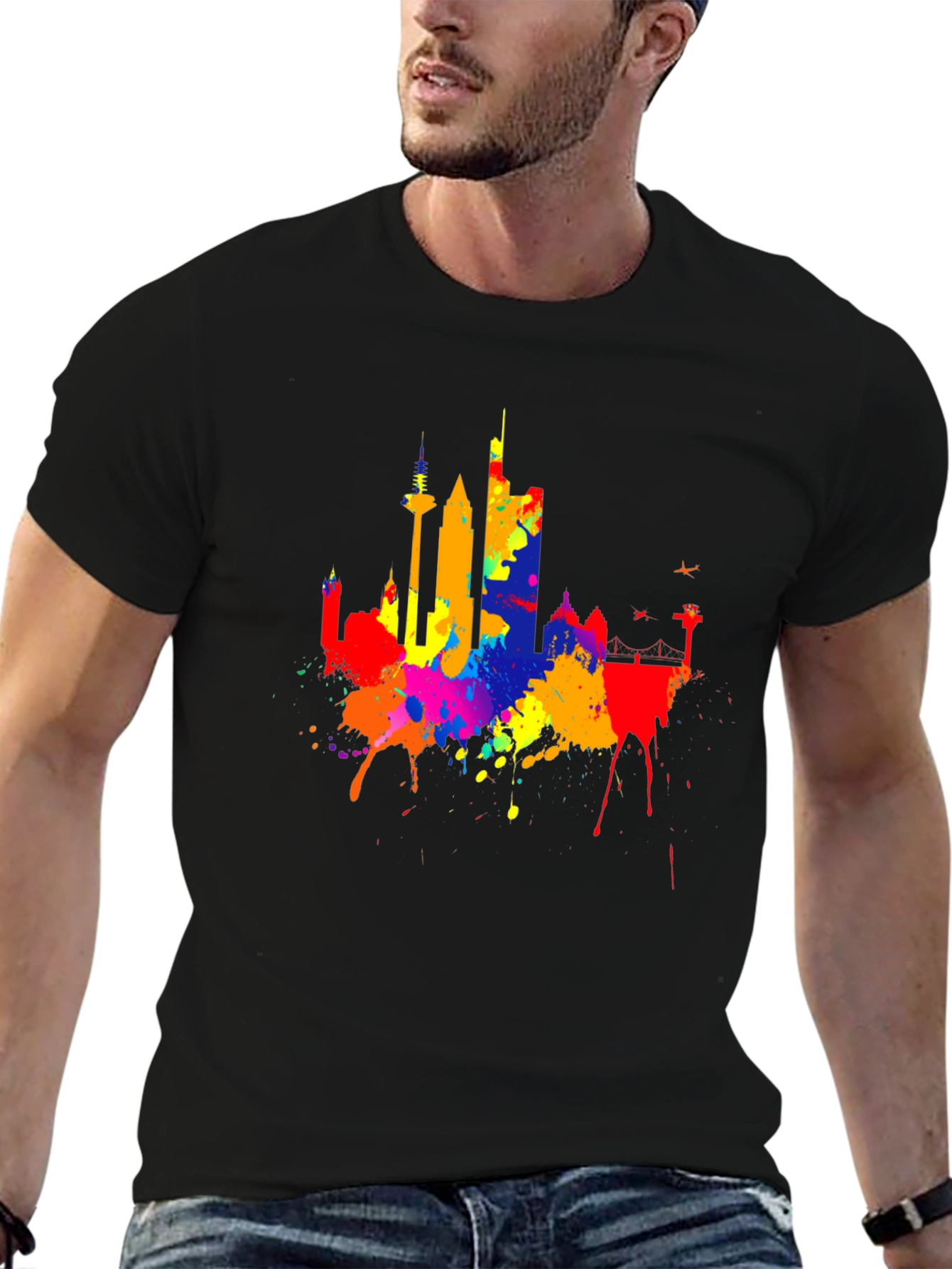 Black Vibrant Skyline Splash Black T-Shirt view 6