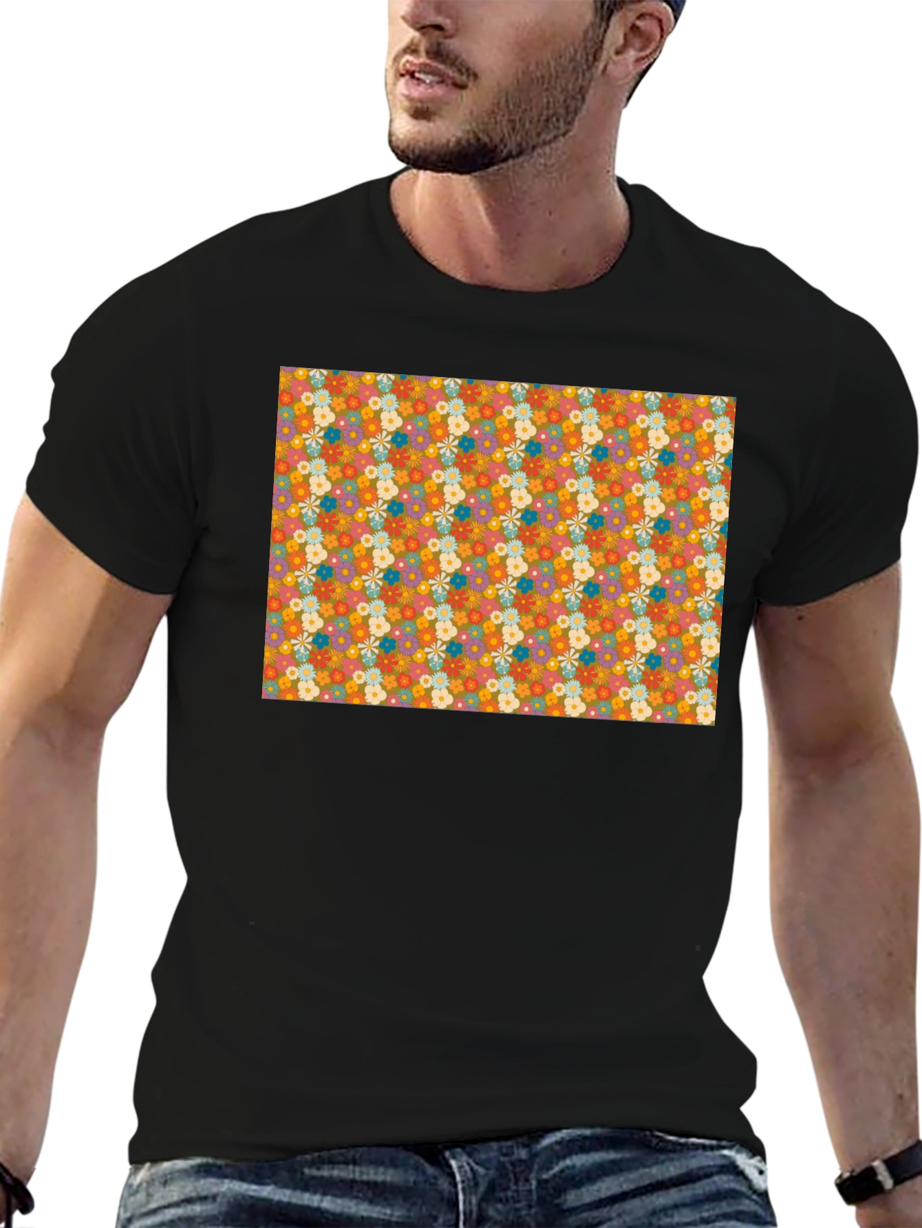 Black Retro Floral Print Black T-Shirt view 6