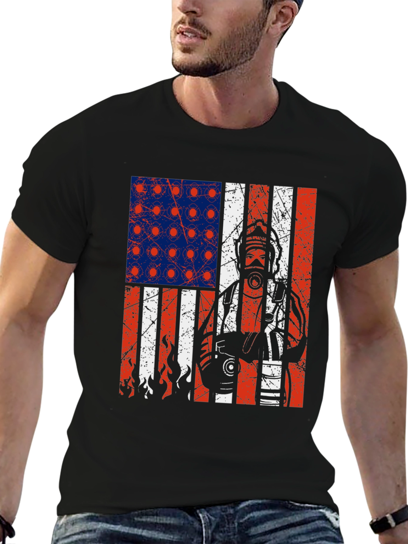 Black Firefighter American Flag Graphic T-Shirt view 6