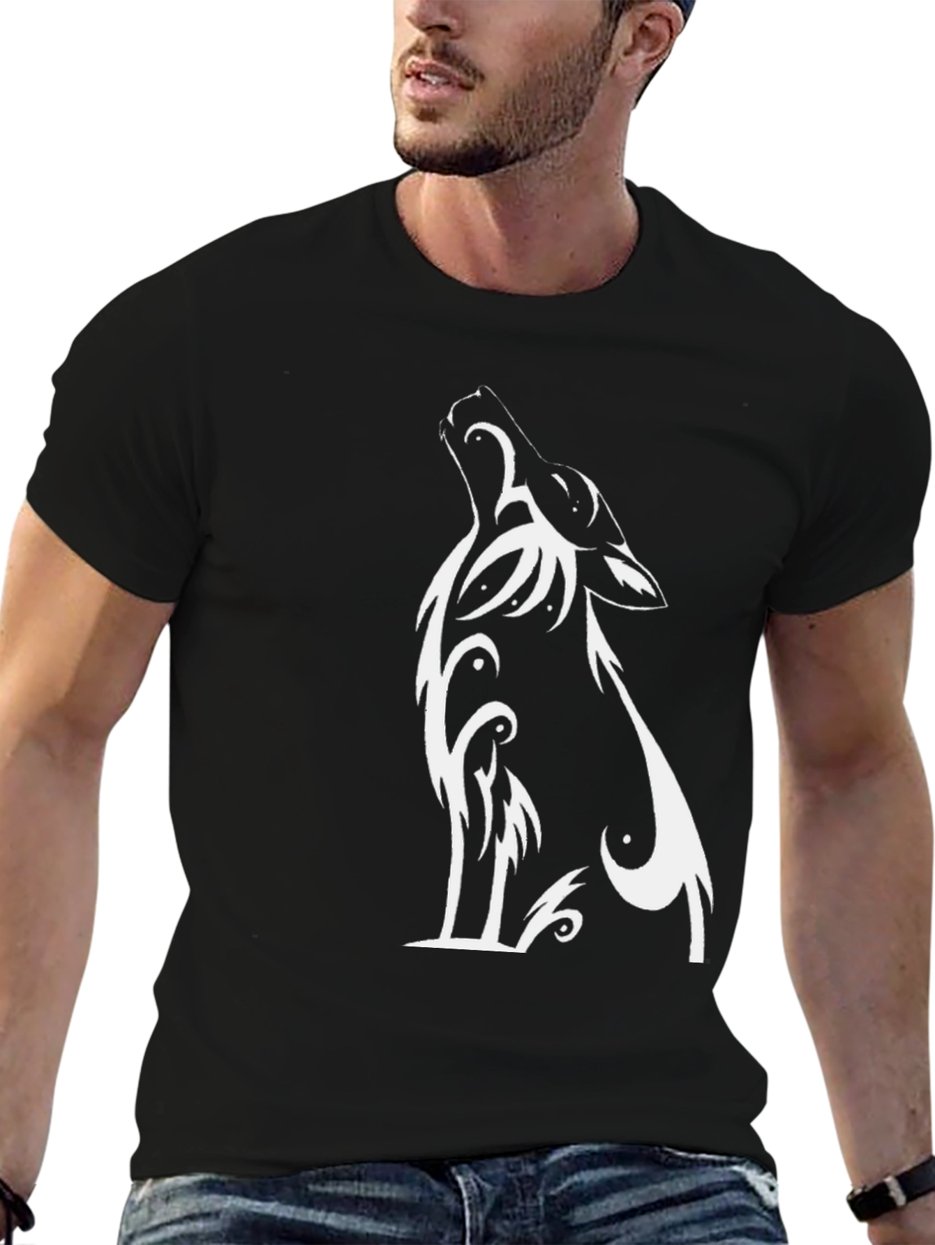 Black Tribal Wolf Graphic T-Shirt - Men's Black Tee view 6