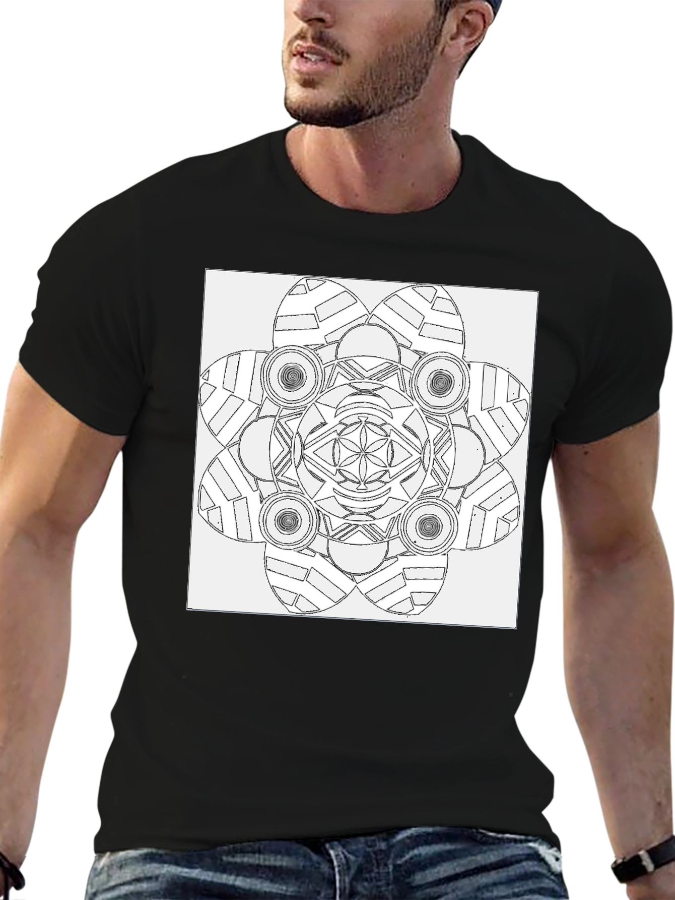 Black Geometric Mandala Print Black T-Shirt view 6