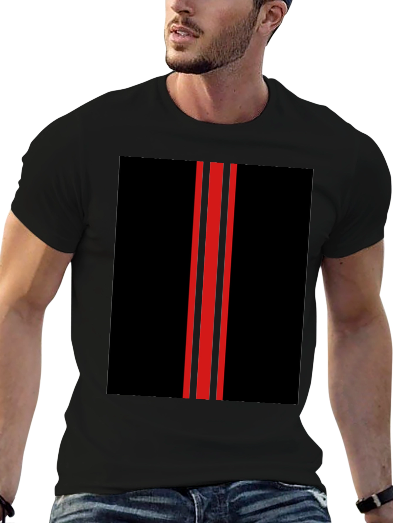 Black Black T-Shirt with Red Racing Stripes Design view 6