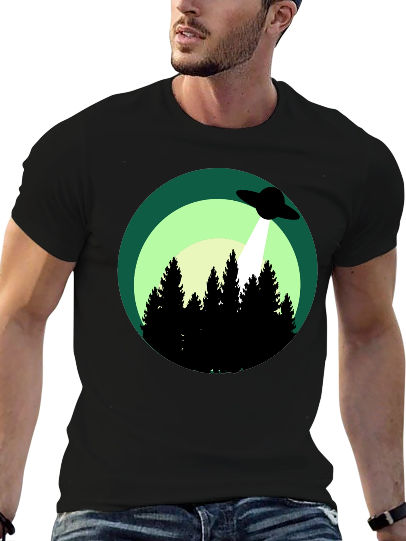 Black UFO Abduction Graphic Tee - Forest Scene Black T-Shirt view 6
