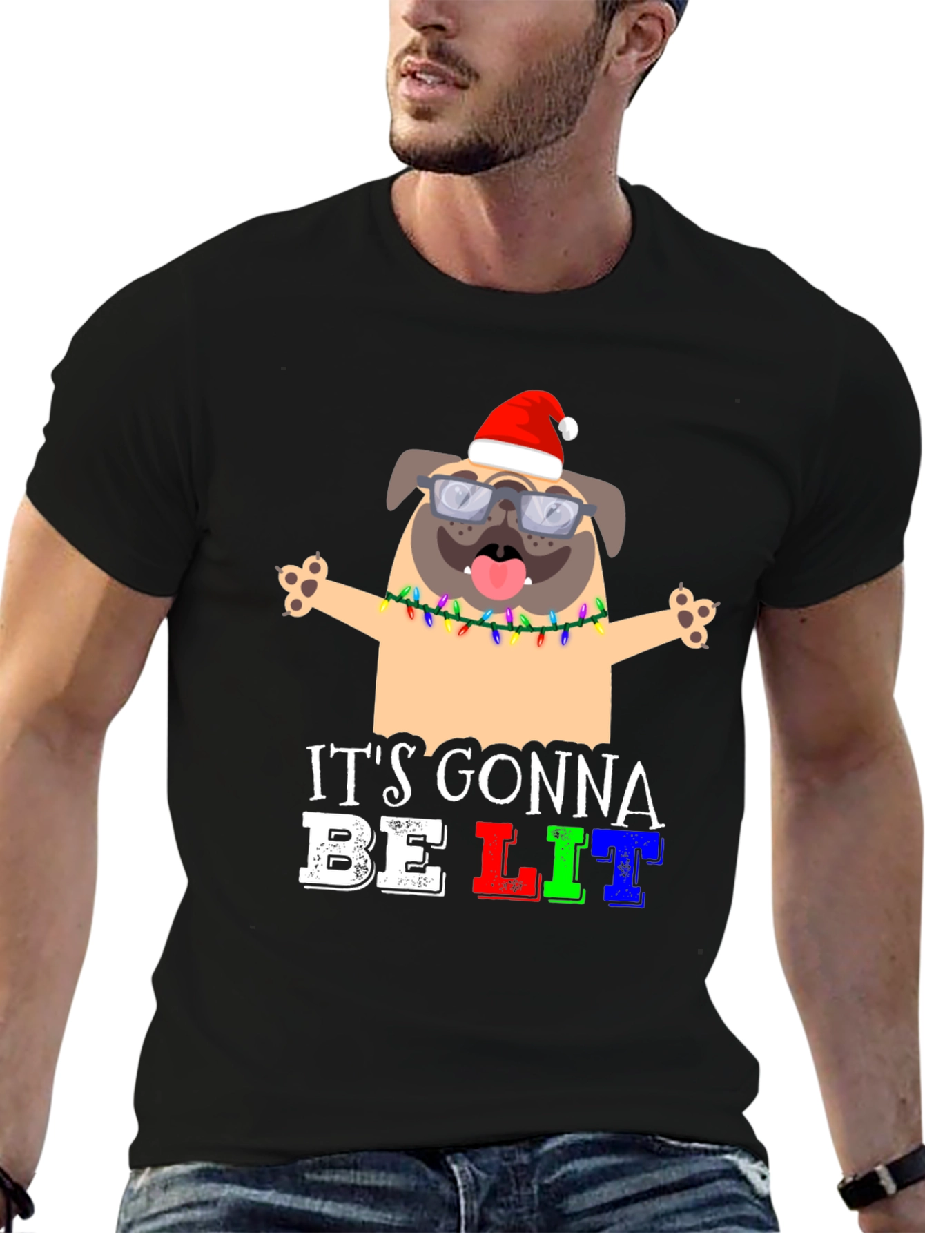 Black It's Gonna Be Lit Pug Christmas T-Shirt view 6