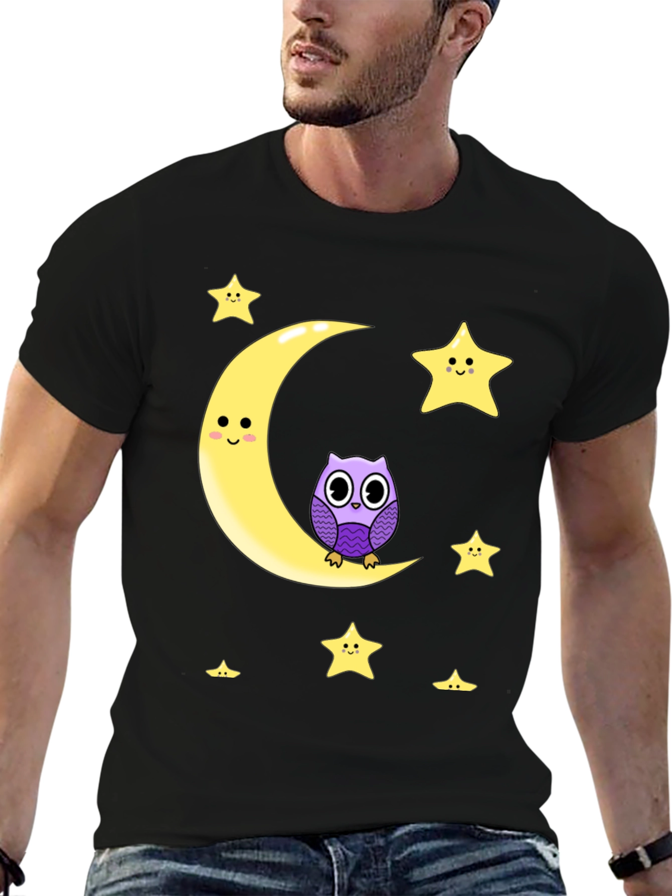 Black Cute Owl on Moon Graphic T-Shirt - Black Cotton Blend view 6
