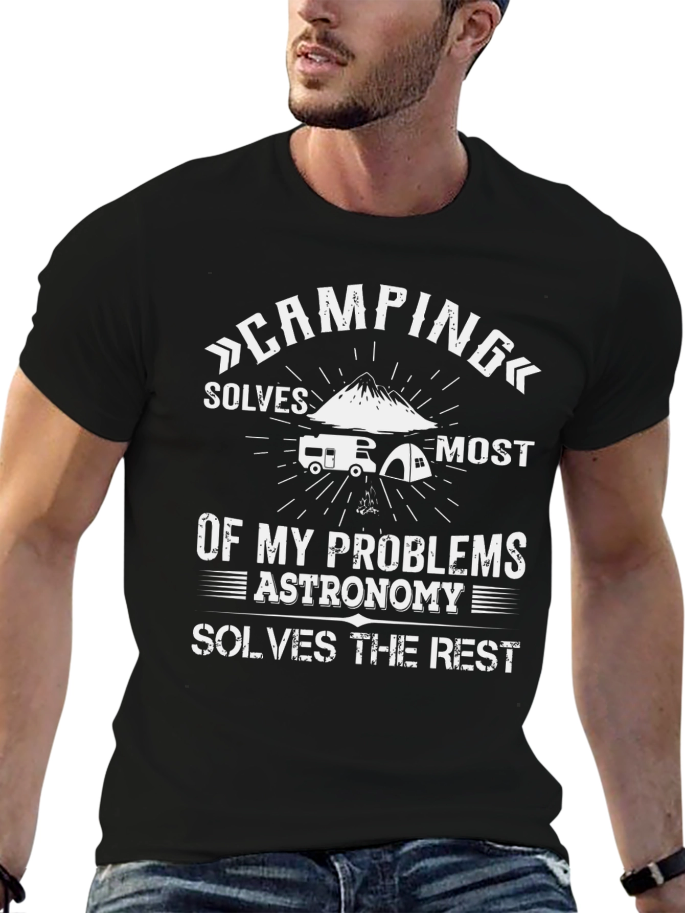 Black Camping & Astronomy T-Shirt: Solves My Problems Tee view 6