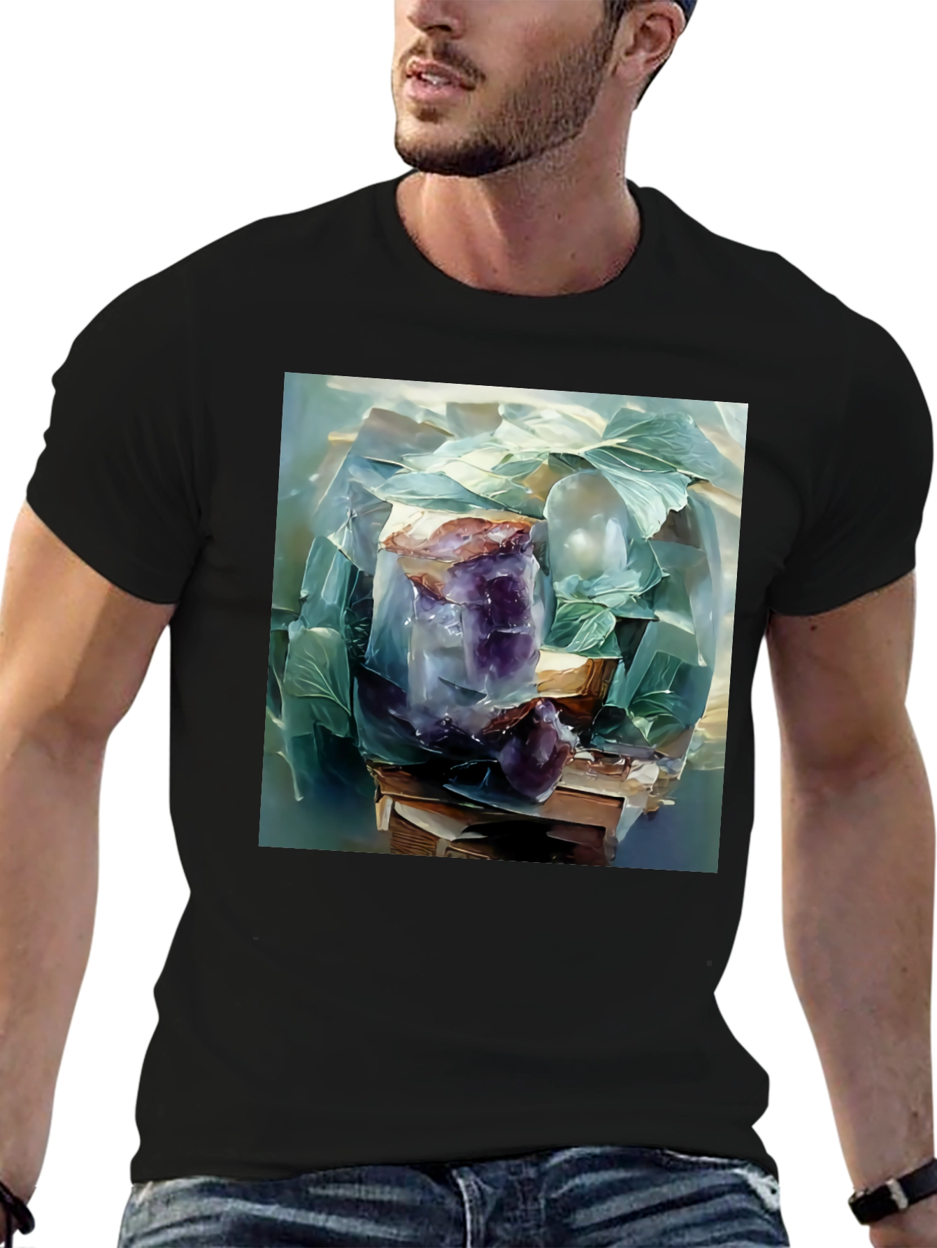 Black Amethyst Crystal Stack T-Shirt - Artistic Graphic Tee view 6