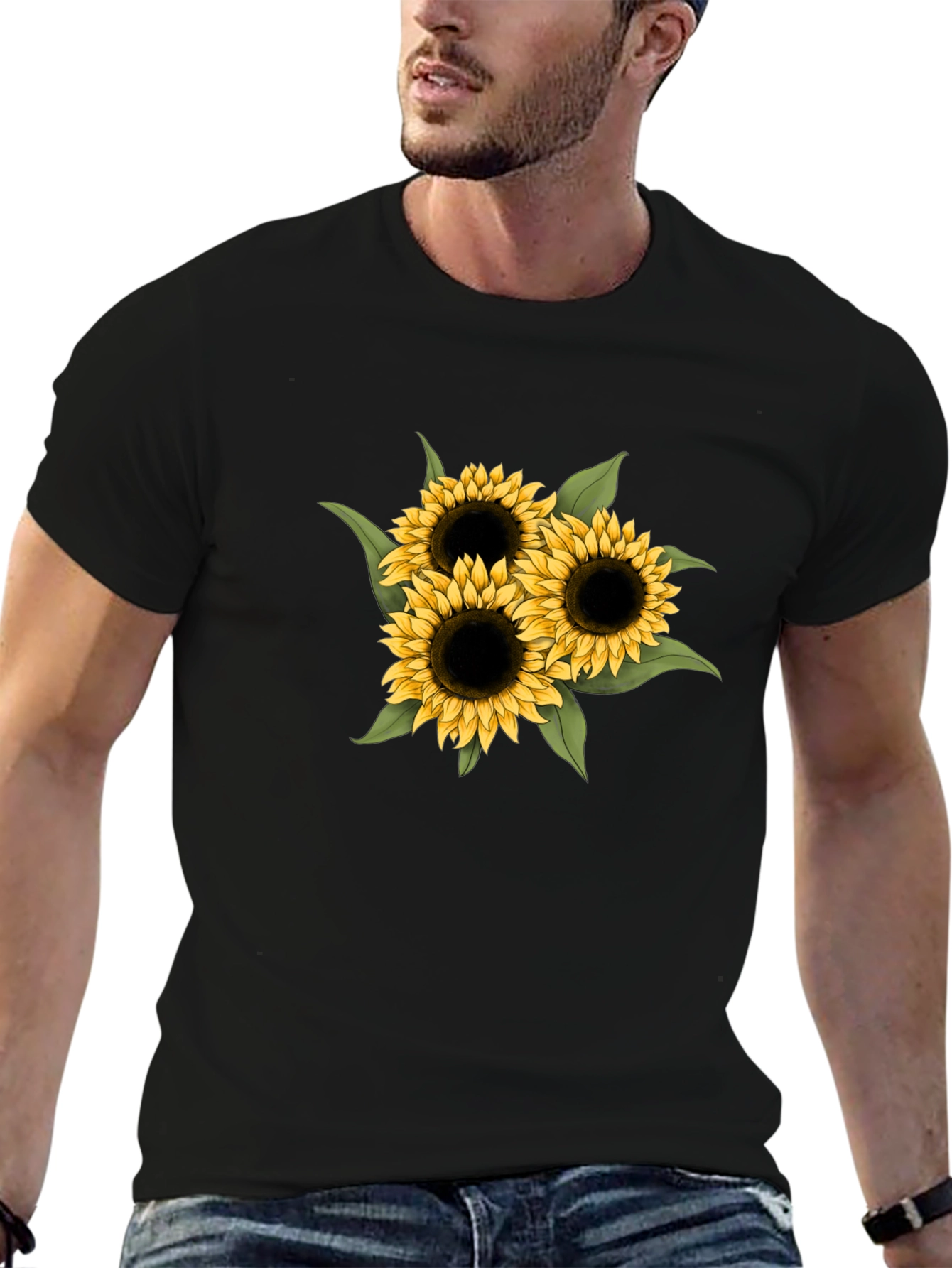 Black Sunflower Graphic Tee - Black Cotton Casual T-Shirt view 6