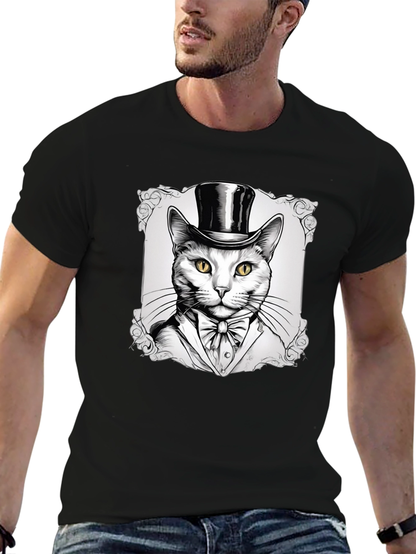 Black Top Hat Cat Graphic T-Shirt - Stylish Feline Design view 6