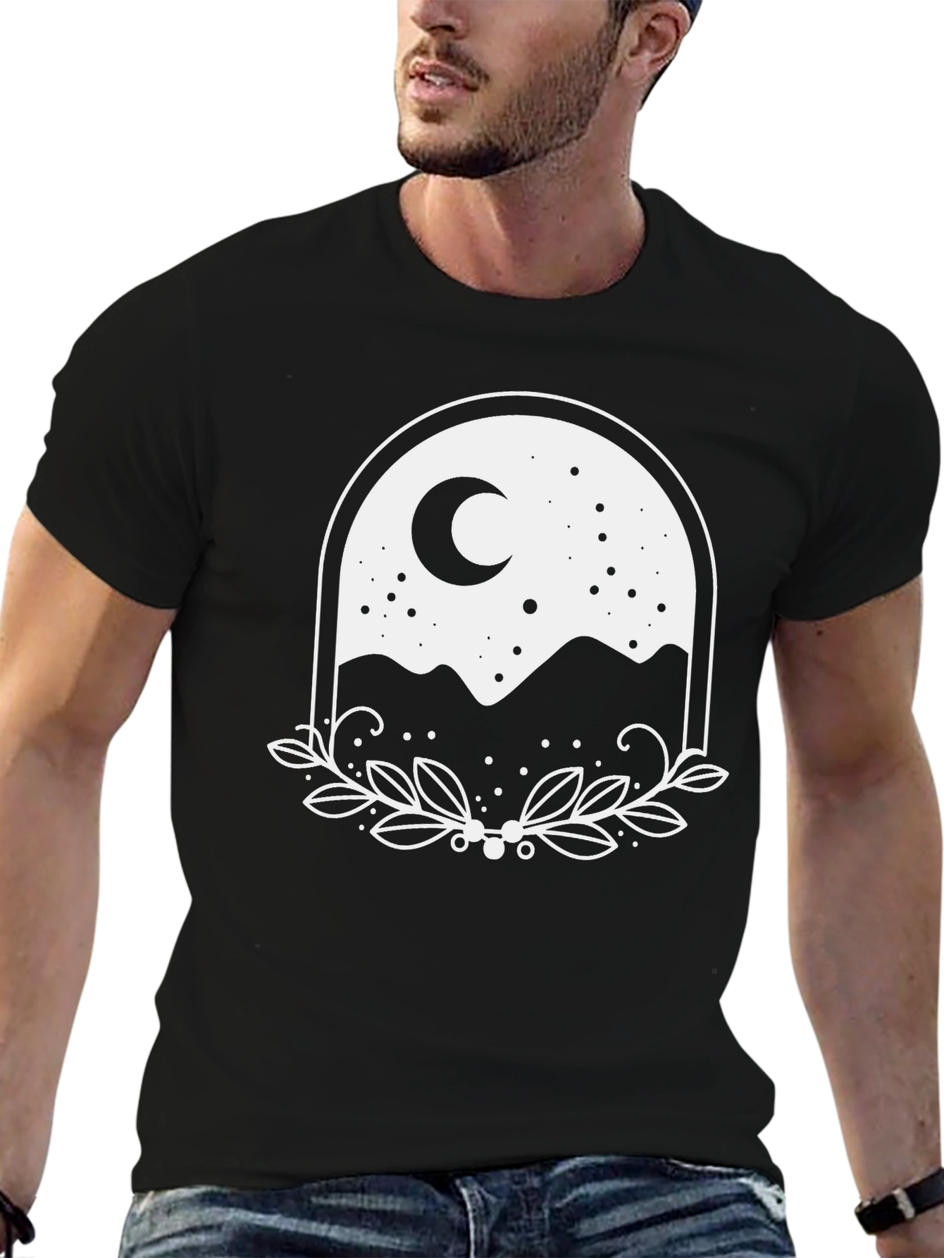 Black Nature Moon Graphic Tee - Black Cotton T-Shirt view 6