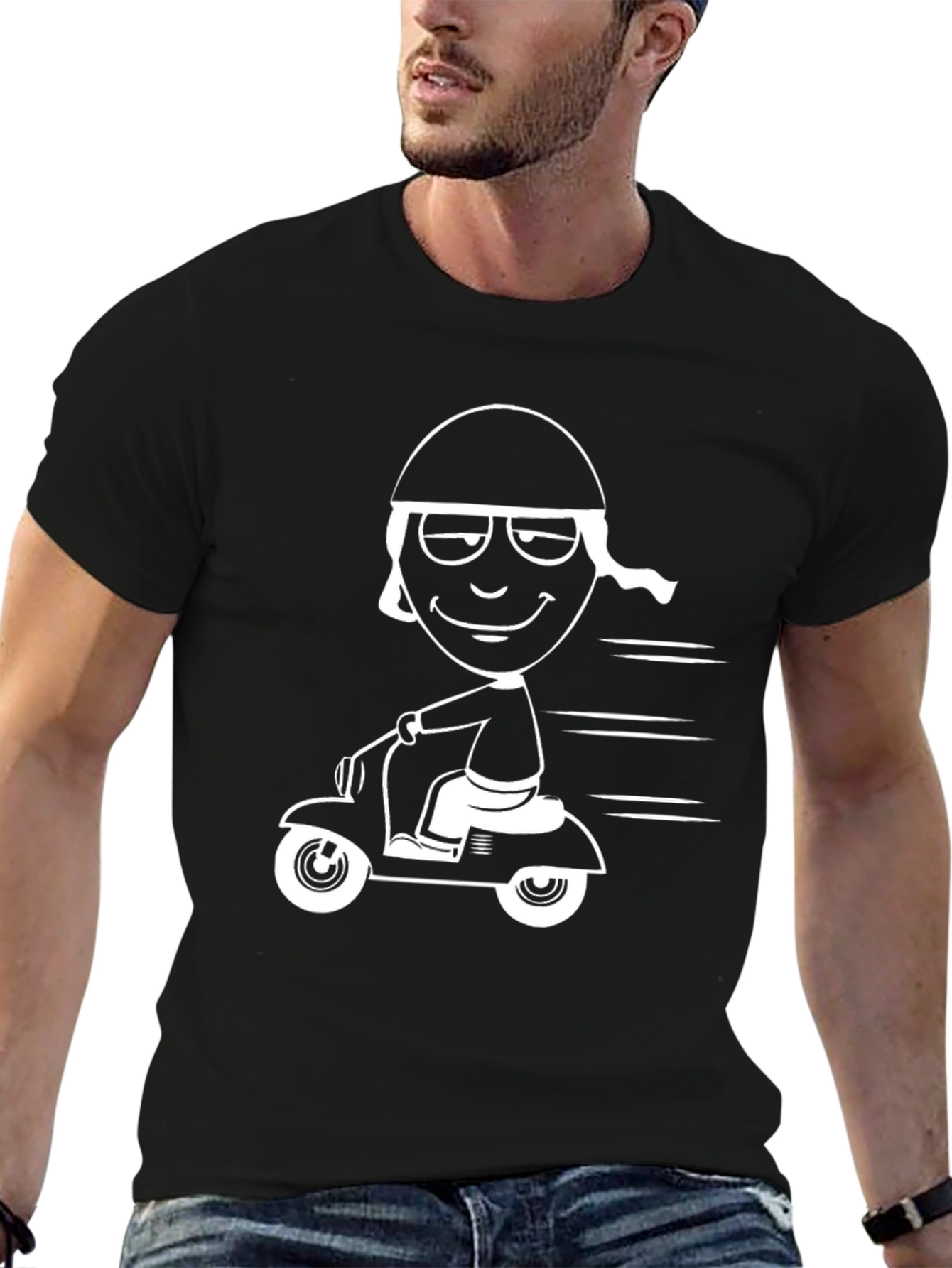 Black Cartoon Scooter Rider Graphic T-Shirt view 6