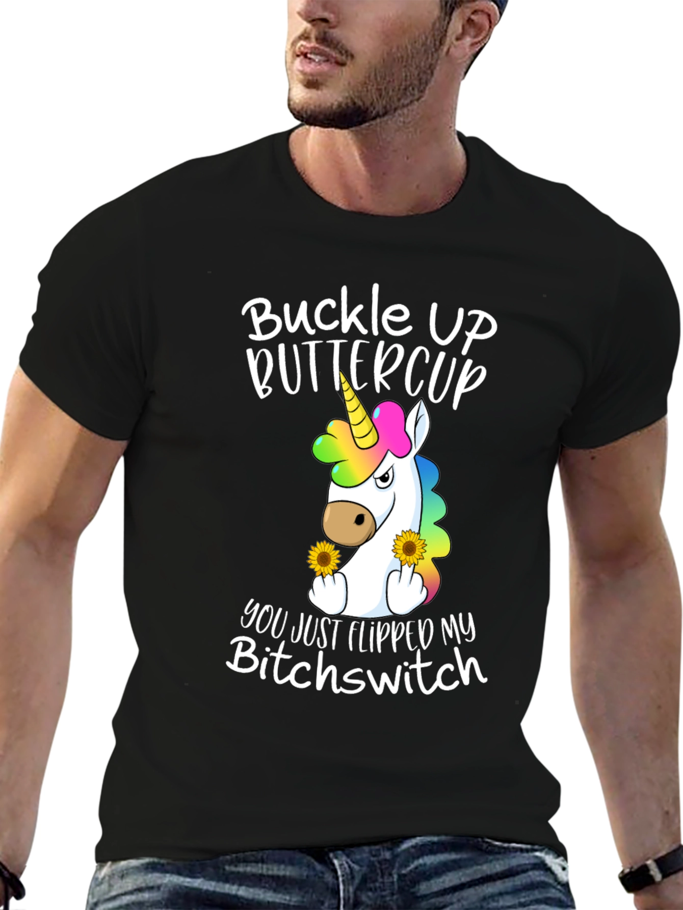 Black Buckle Up Buttercup T-Shirt - Unicorn Flipping You Off view 6