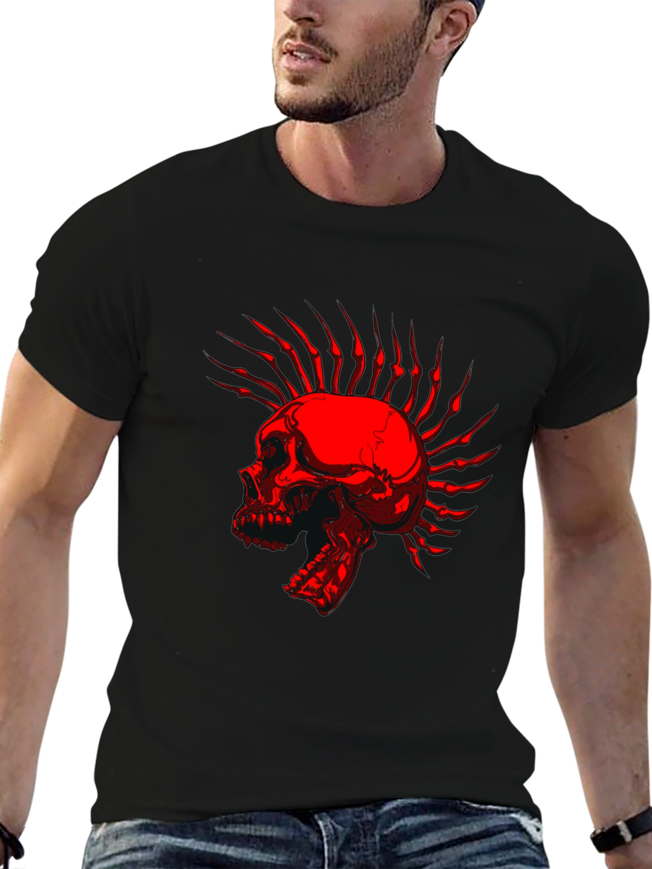 Black Skull Mohawk Graphic T-Shirt - Edgy Style view 6