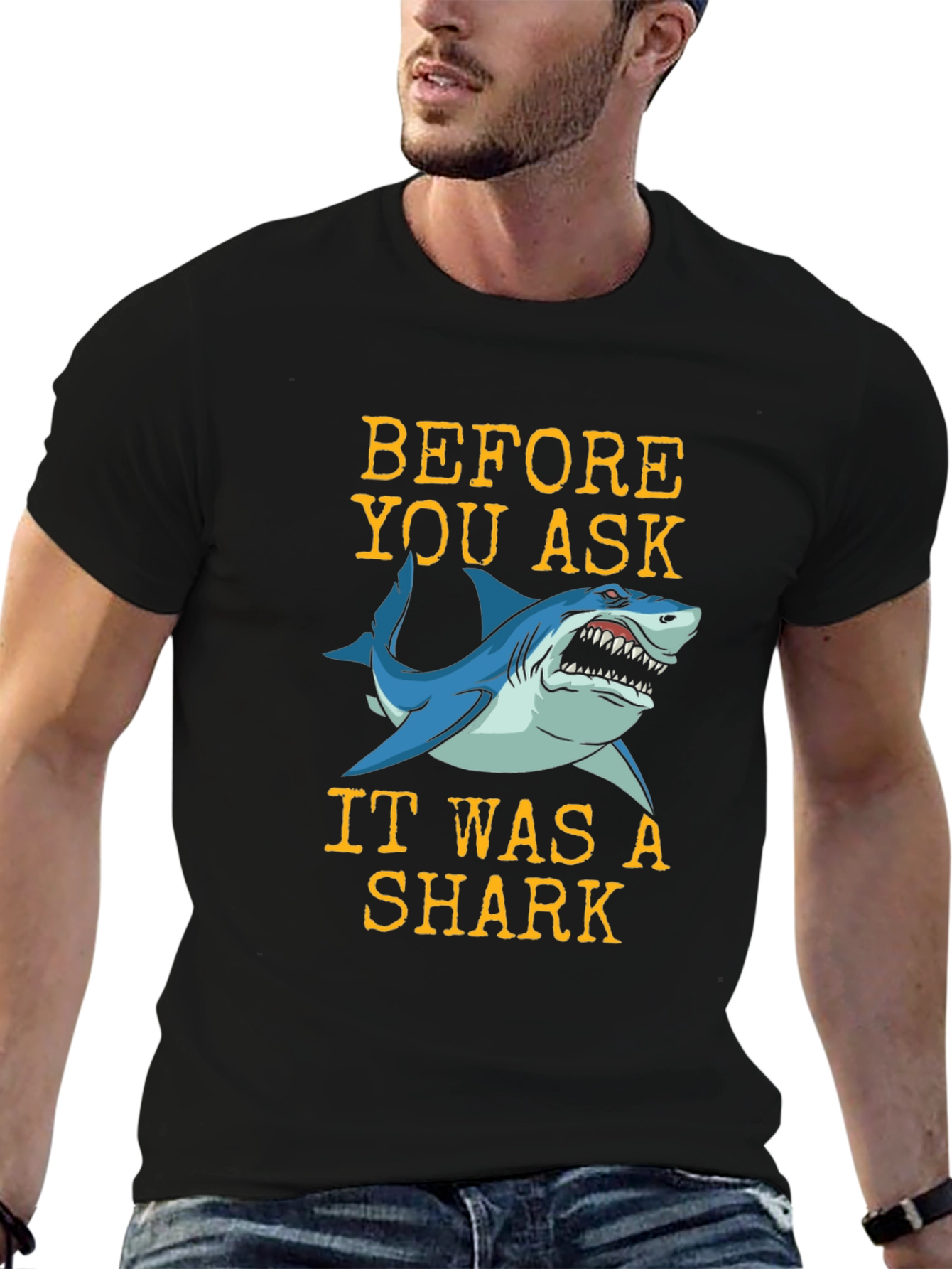 Black Funny Shark Bite T-Shirt - Before You Ask Graphic Tee view 6