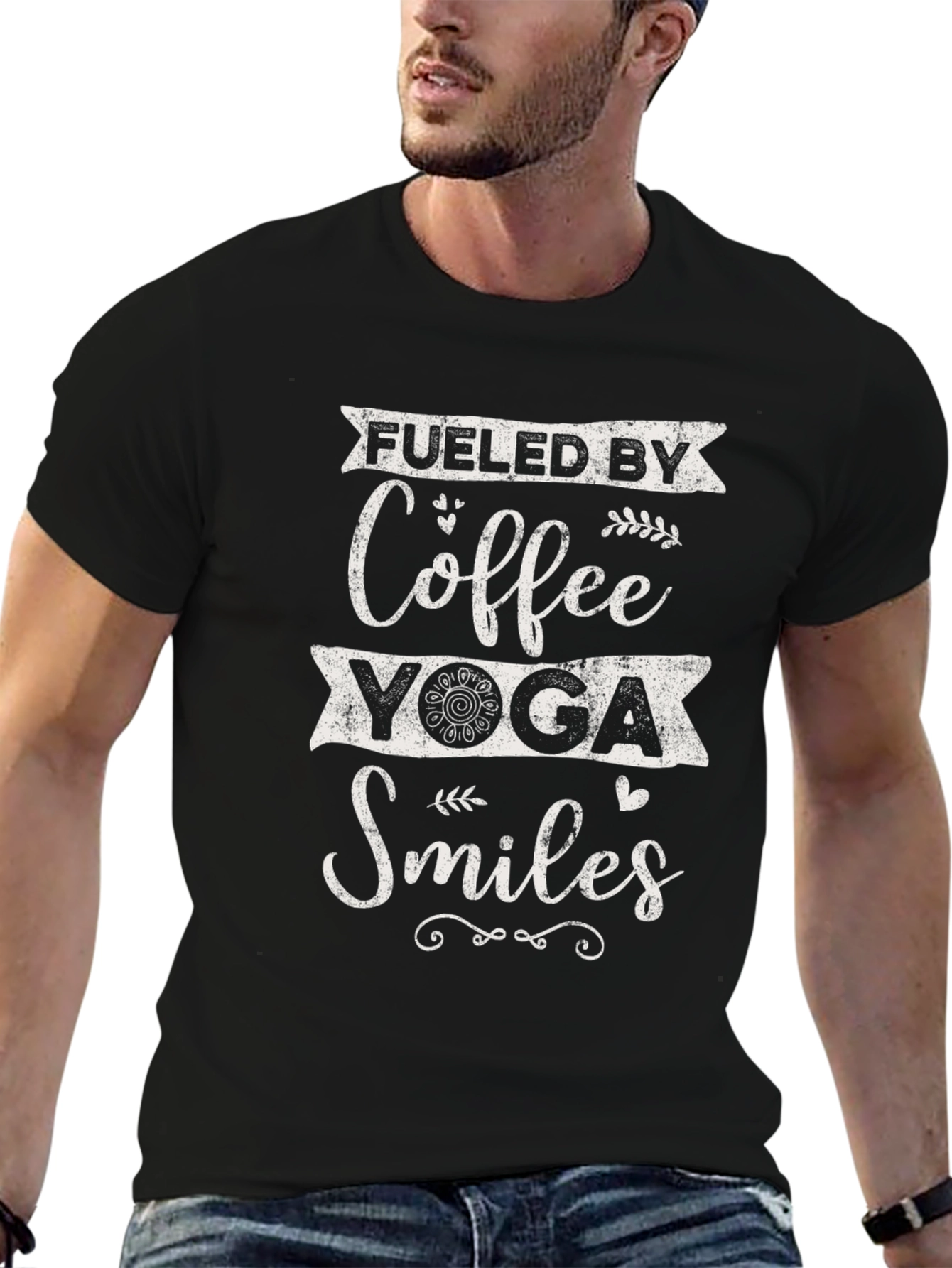 Black Fueled By Coffee, Yoga, and Smiles T-Shirt view 6