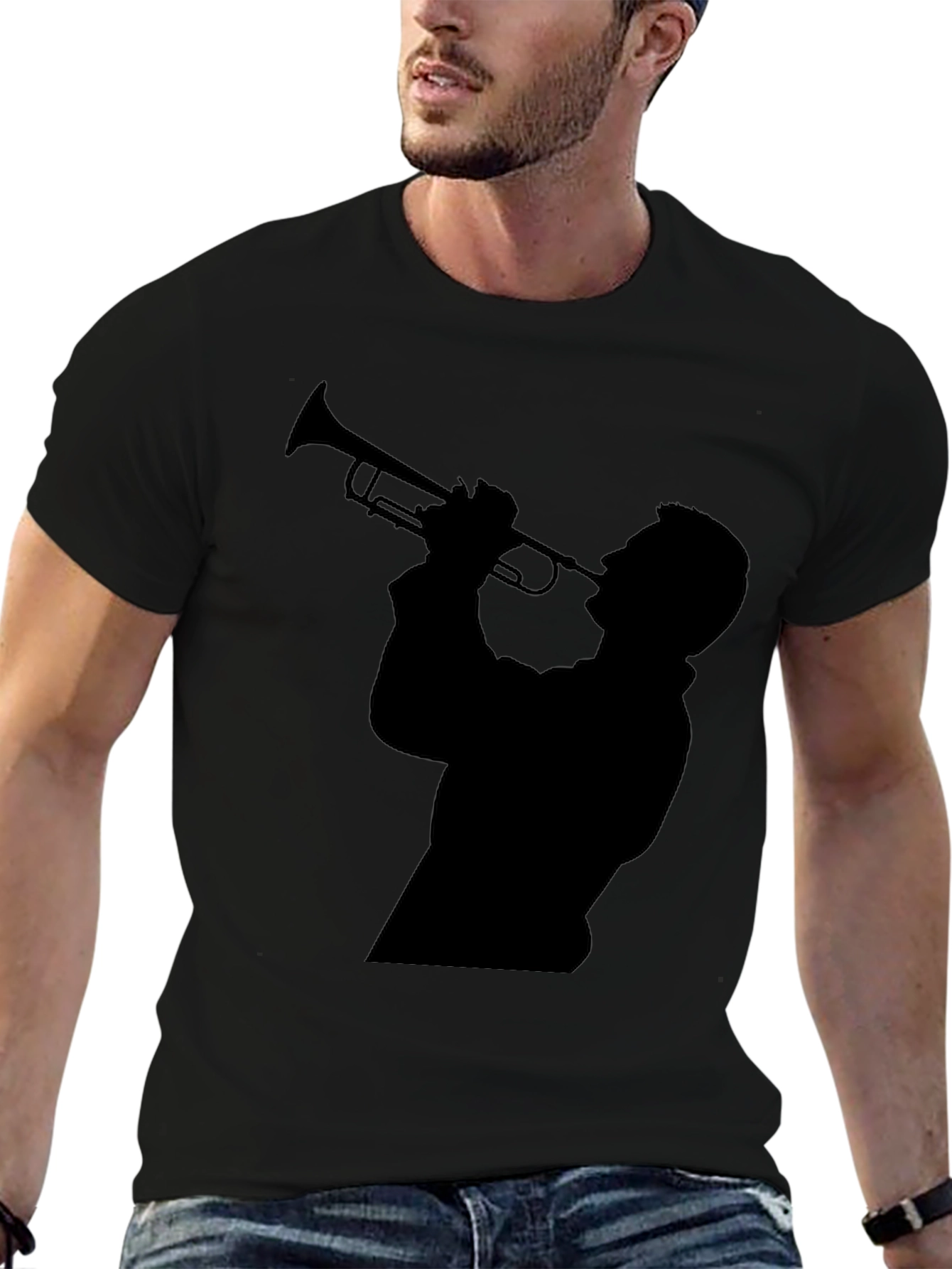 Black Trumpet Player Silhouette Black T-Shirt view 6
