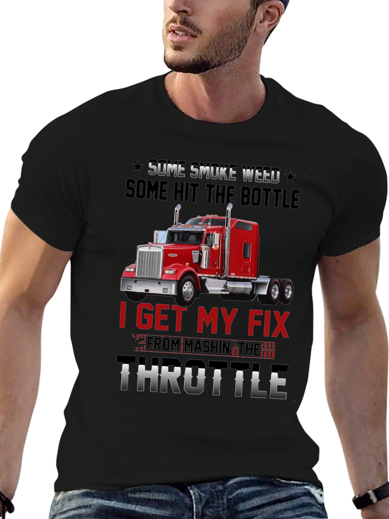Black Trucker T-Shirt: Smoke Weed Hit Bottle Throttle Fix view 6