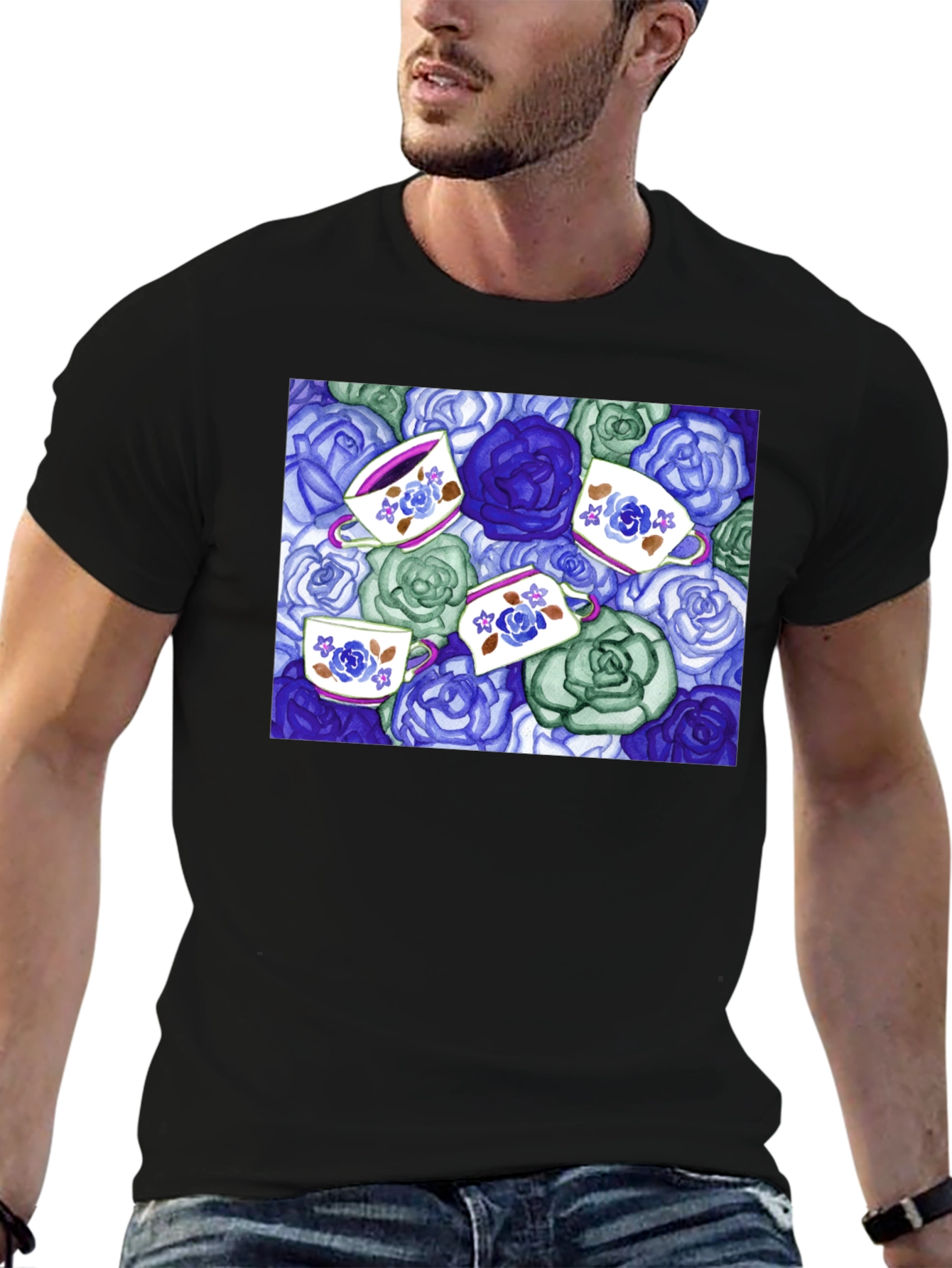 Black Floral Tea Cup T-Shirt - Unique Design view 6