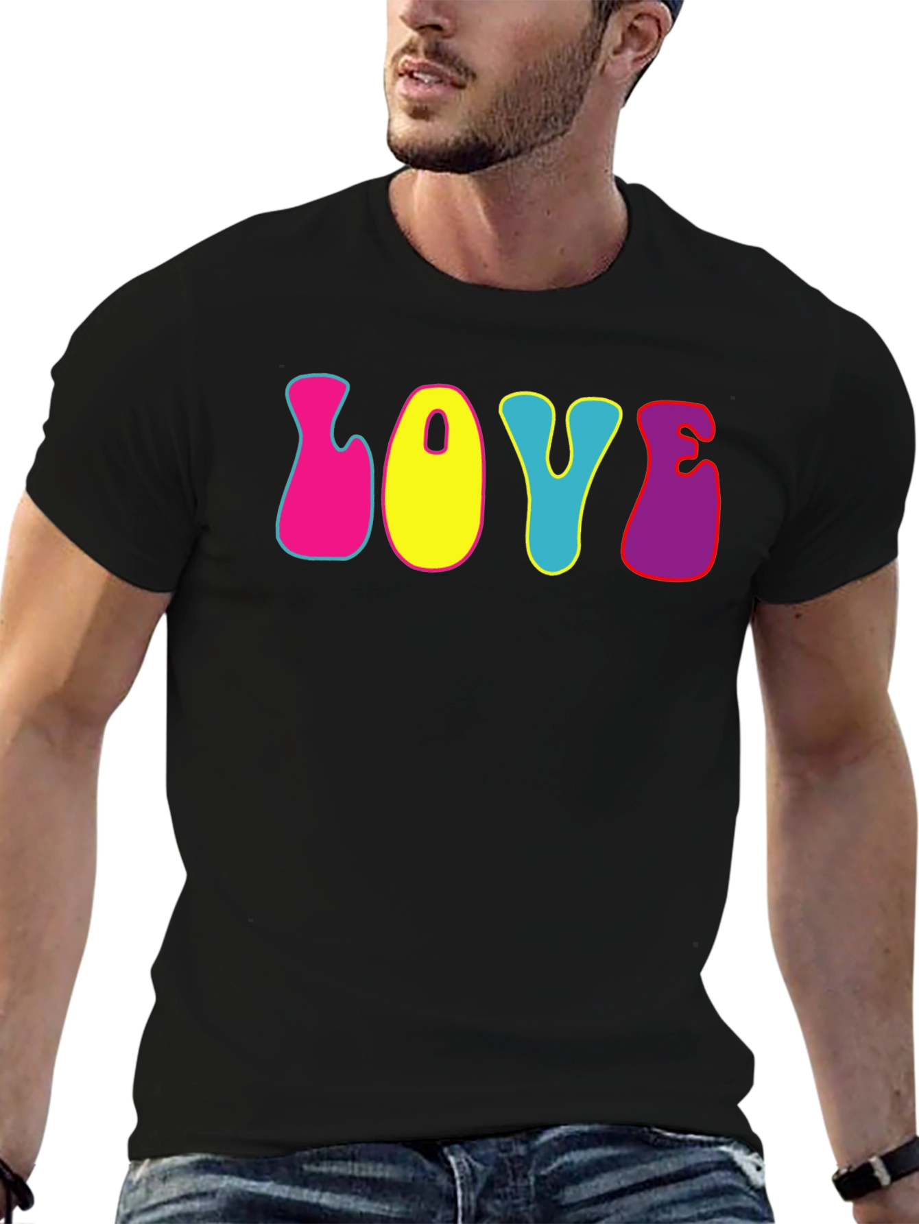 Black Retro "Love" Graphic Tee - Black Cotton T-Shirt view 6