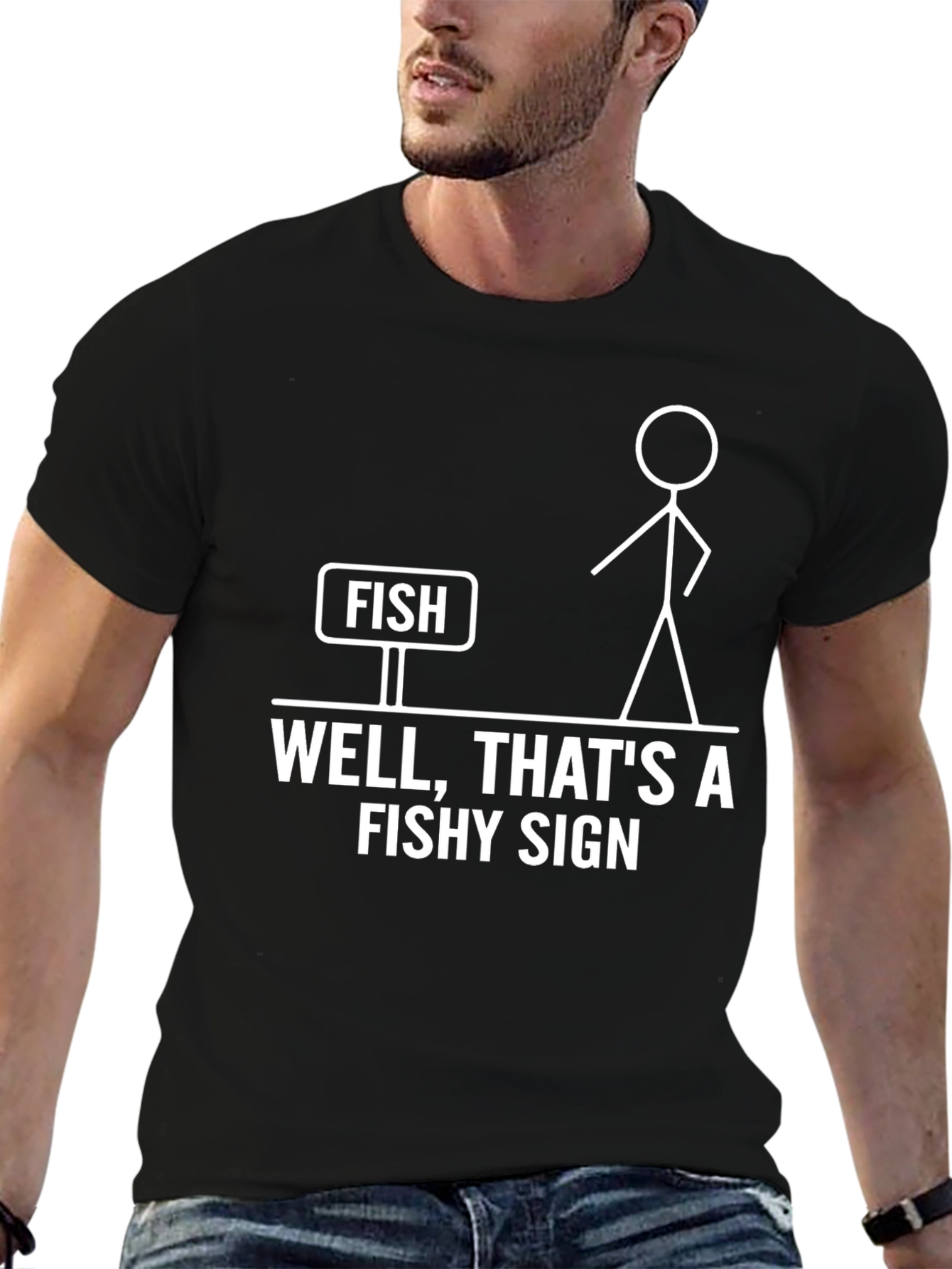 Black Funny "Fishy Sign" Graphic Tee - Black Cotton T-Shirt view 6