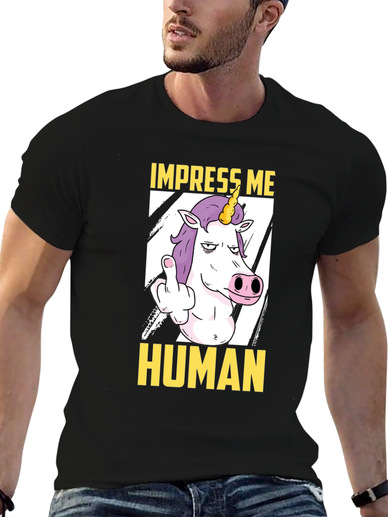 Black Impress Me Human Unicorn Graphic Tee - Funny T-Shirt view 6