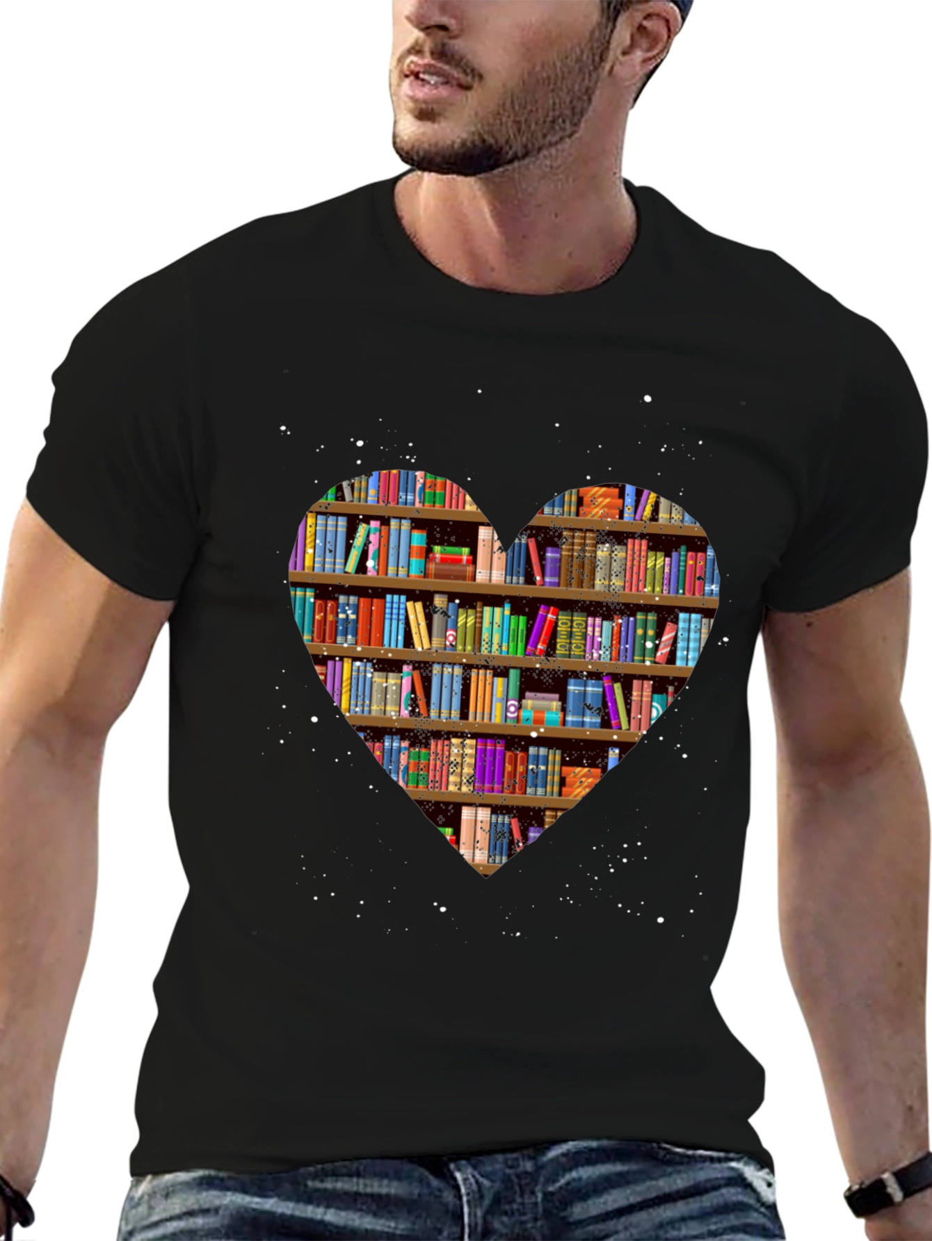 Black Book Lover Heart Bookshelf T-Shirt - Black view 6